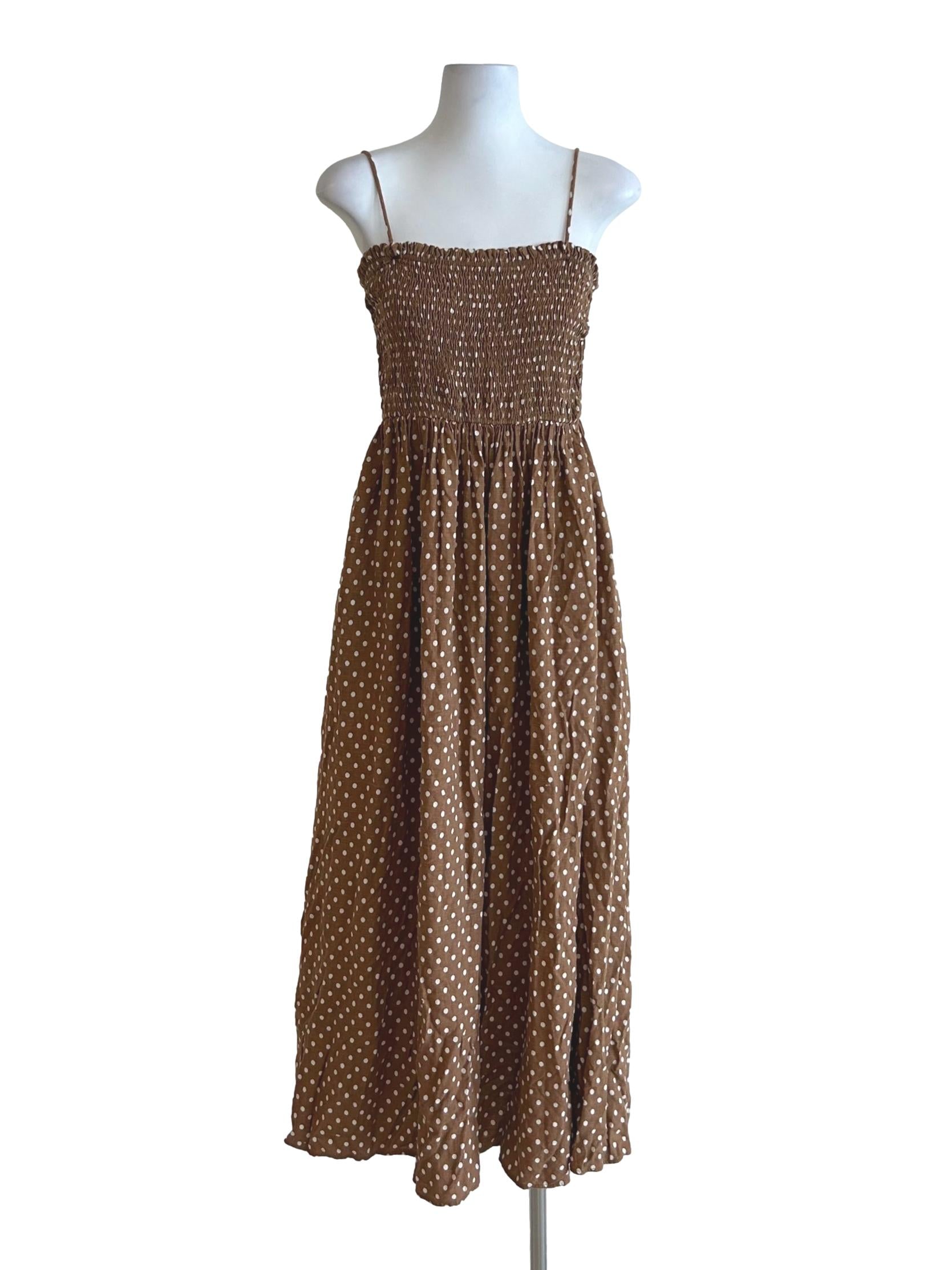 oysho dress green polka dots linen midi Oysho Brown Polka Dot Dress