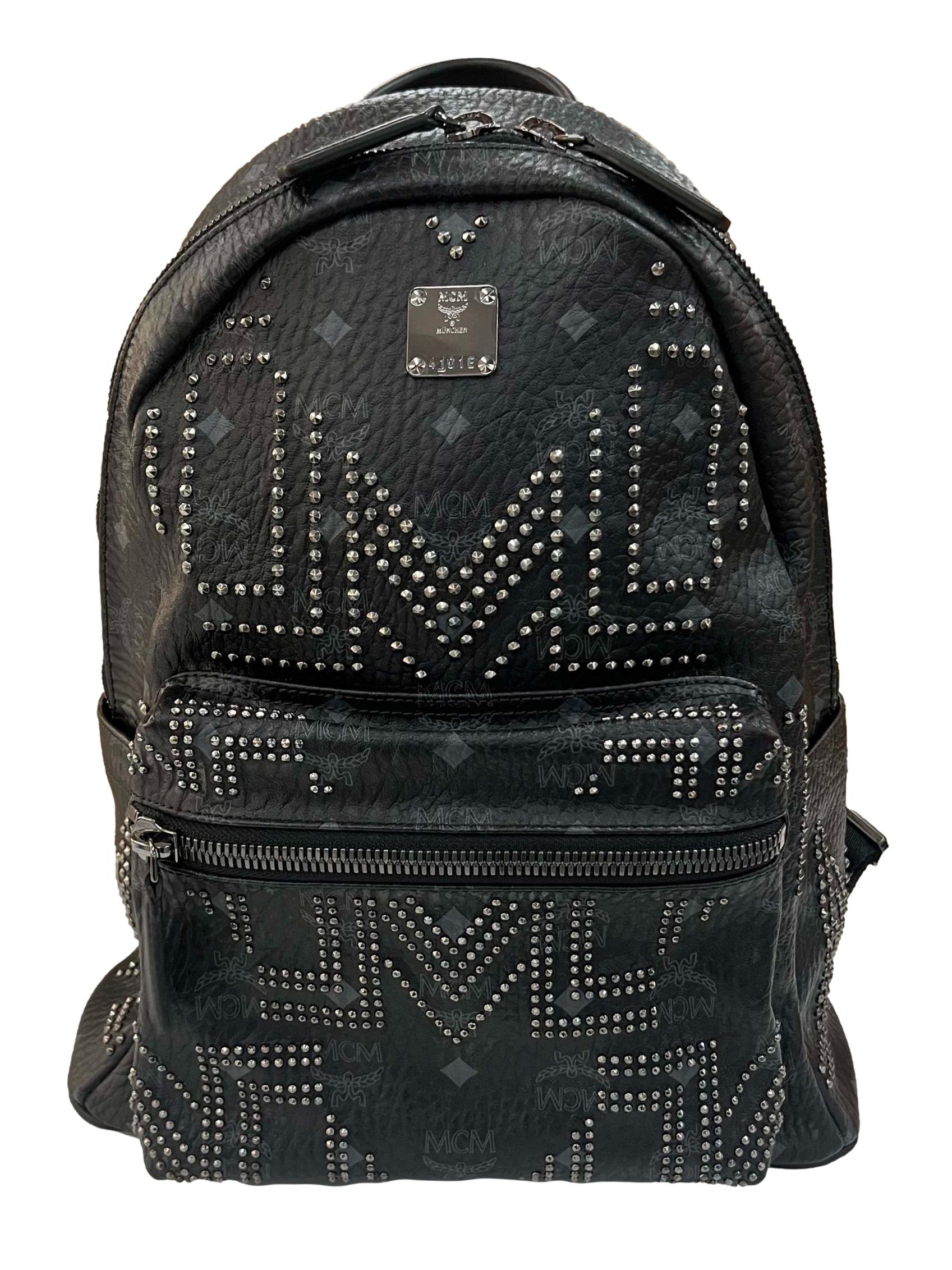 MCM Black Leather Mcm Stark Visetos Studded Backpack CSN* REFASH