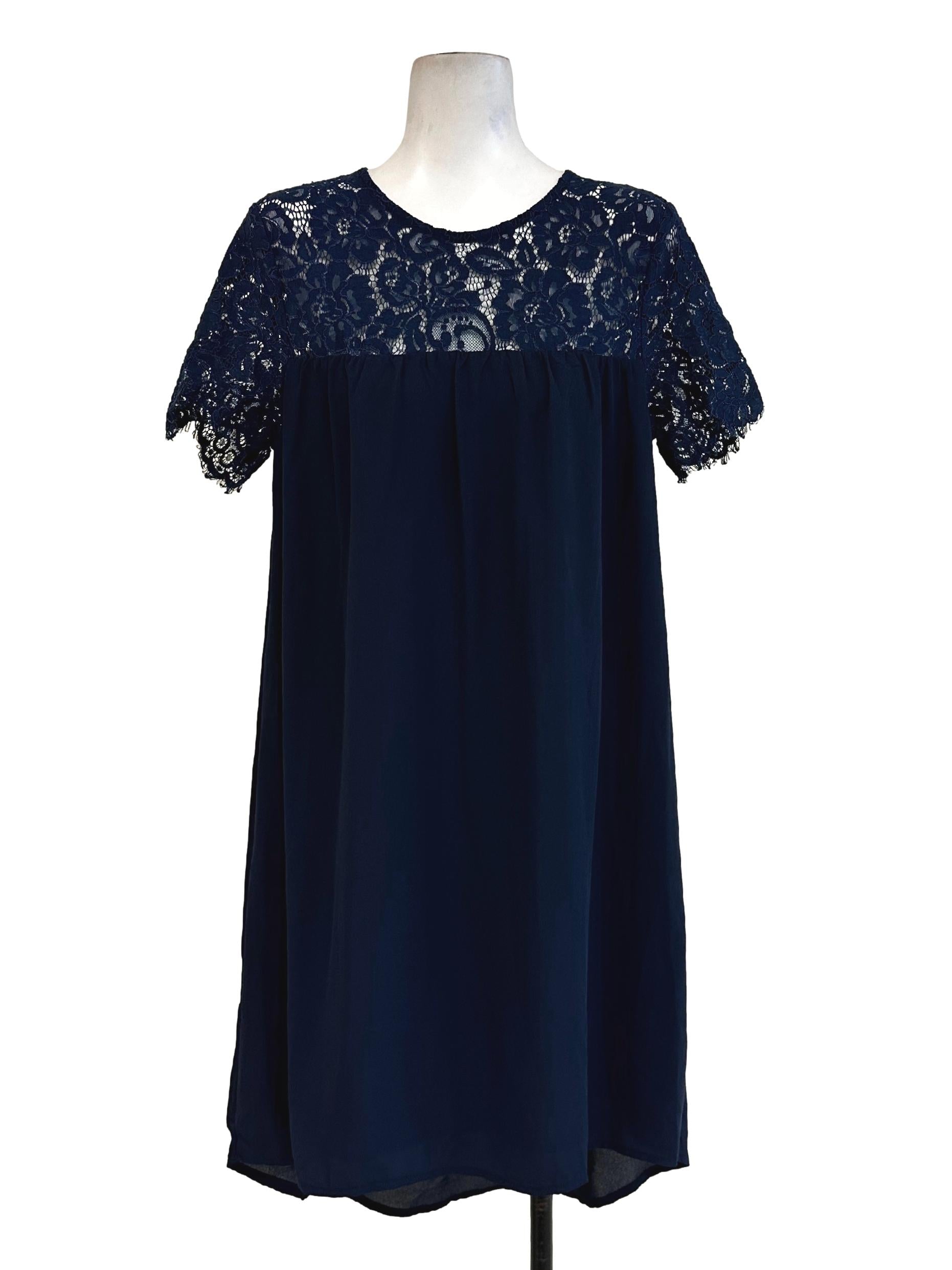 loft navy lace dress Dressabelle Navy Blue Lace Neckline Pattern Dress