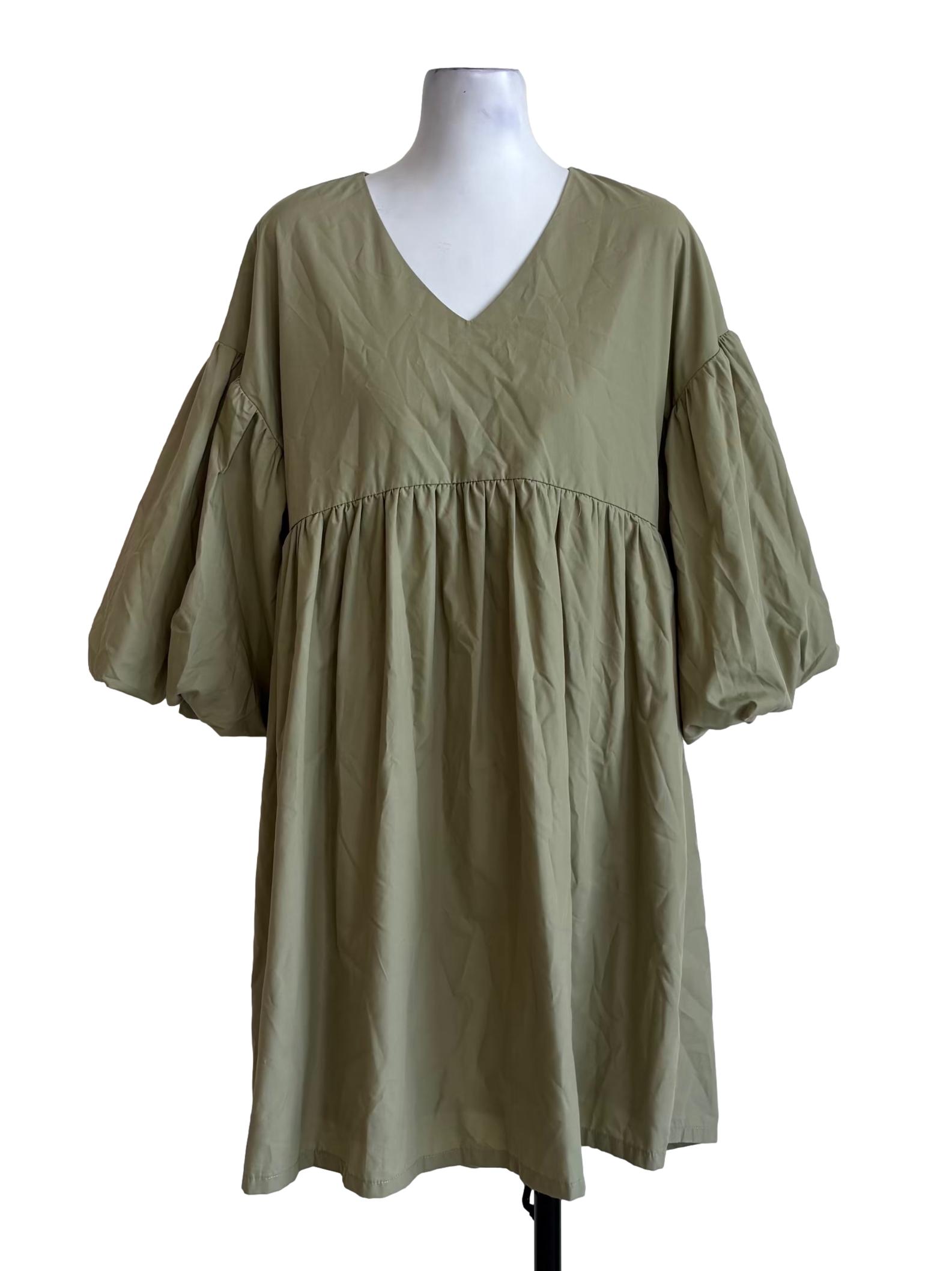Fash Mob Pistachio Green Puff Sleeve Cotton Dress