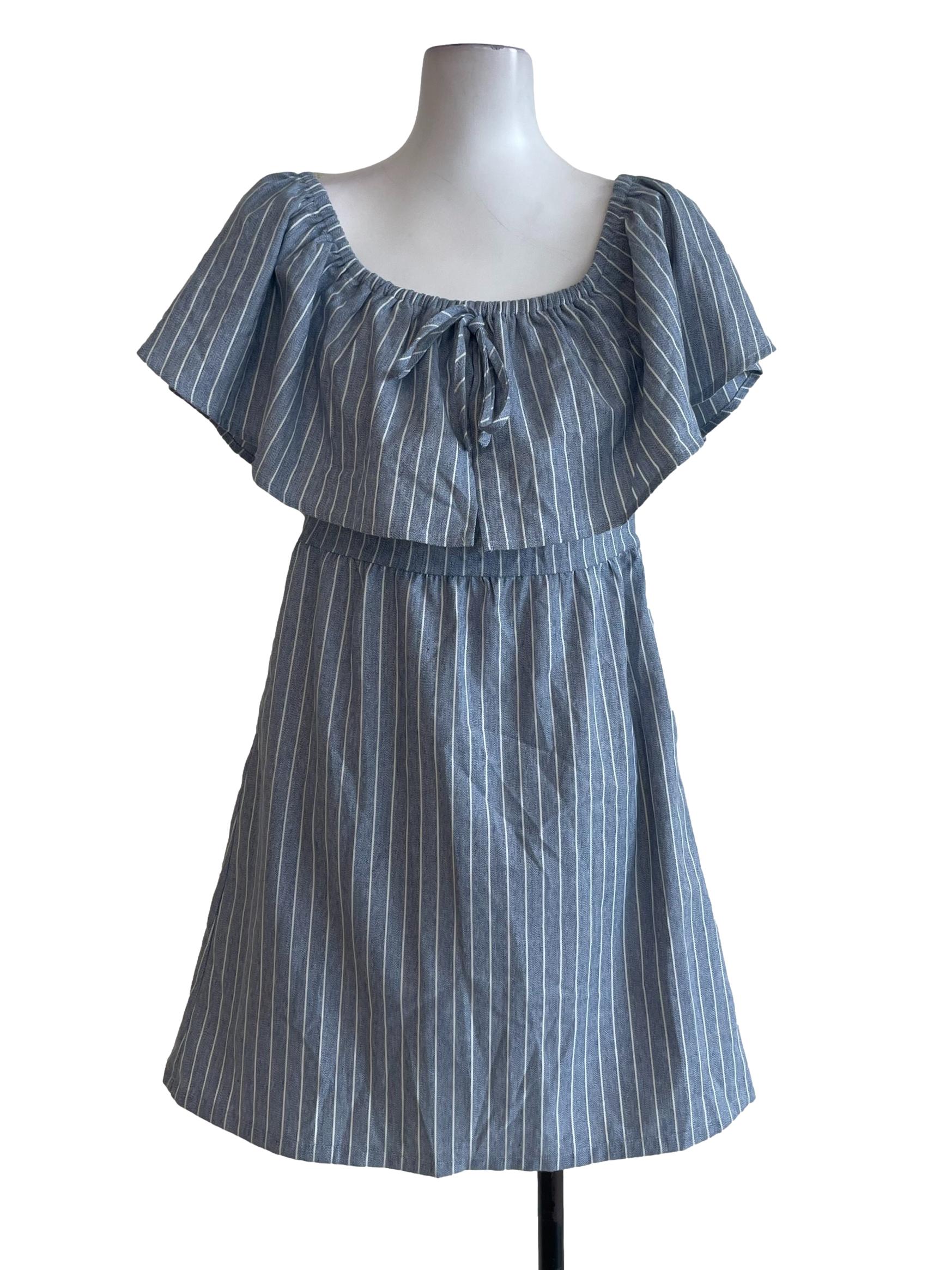 Love Bonito Blue With White Stripes Off Shoulder Dress