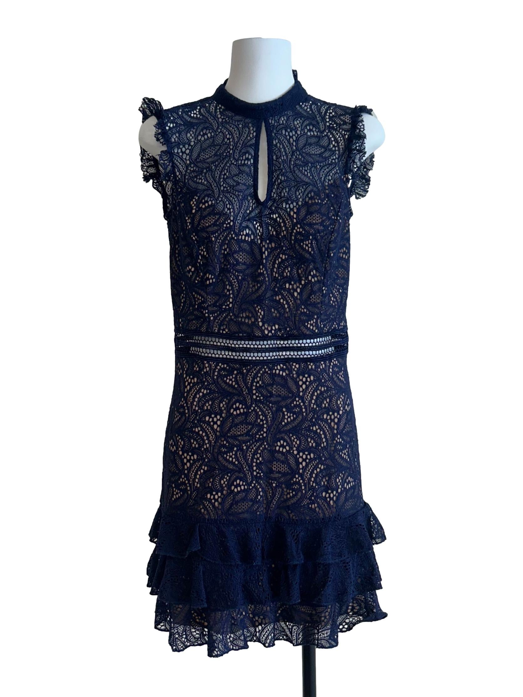 Bardot Navy Blue High Neck Lace Dress