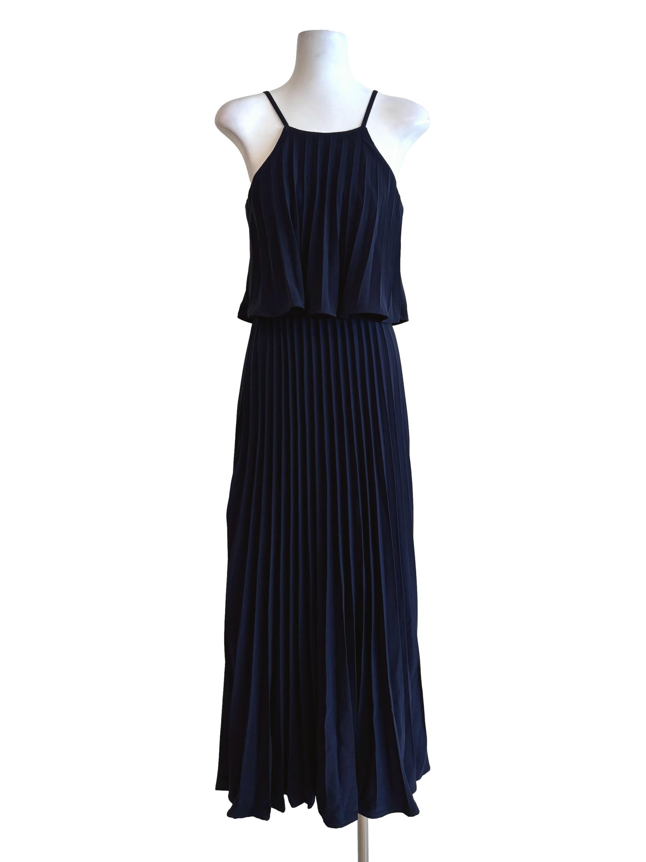 Fayth Navy Blue Apron Neck Pleated Drape Dress | REFASH