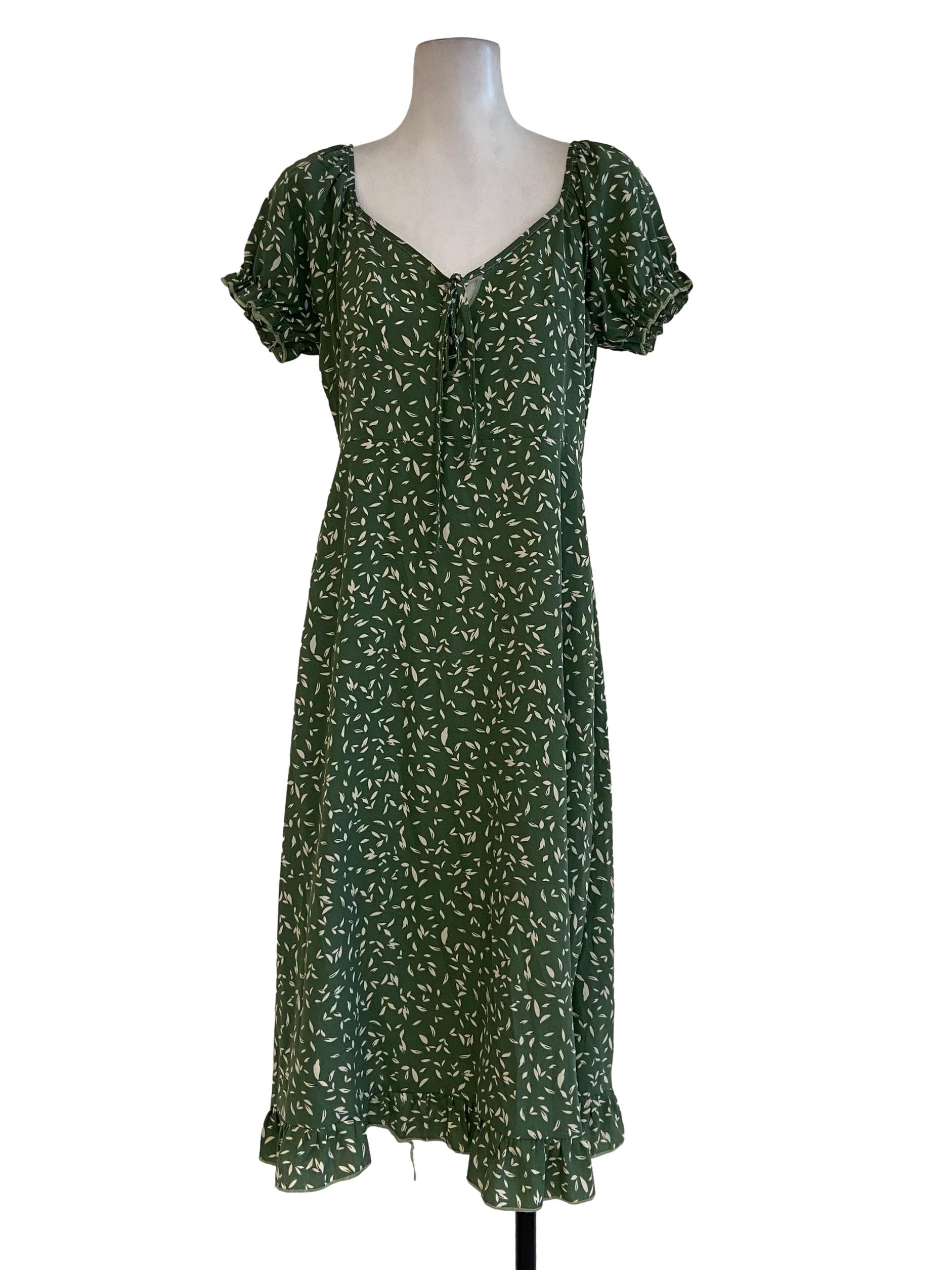 Shein Pickle Green Floral V Neck Empire Dress
