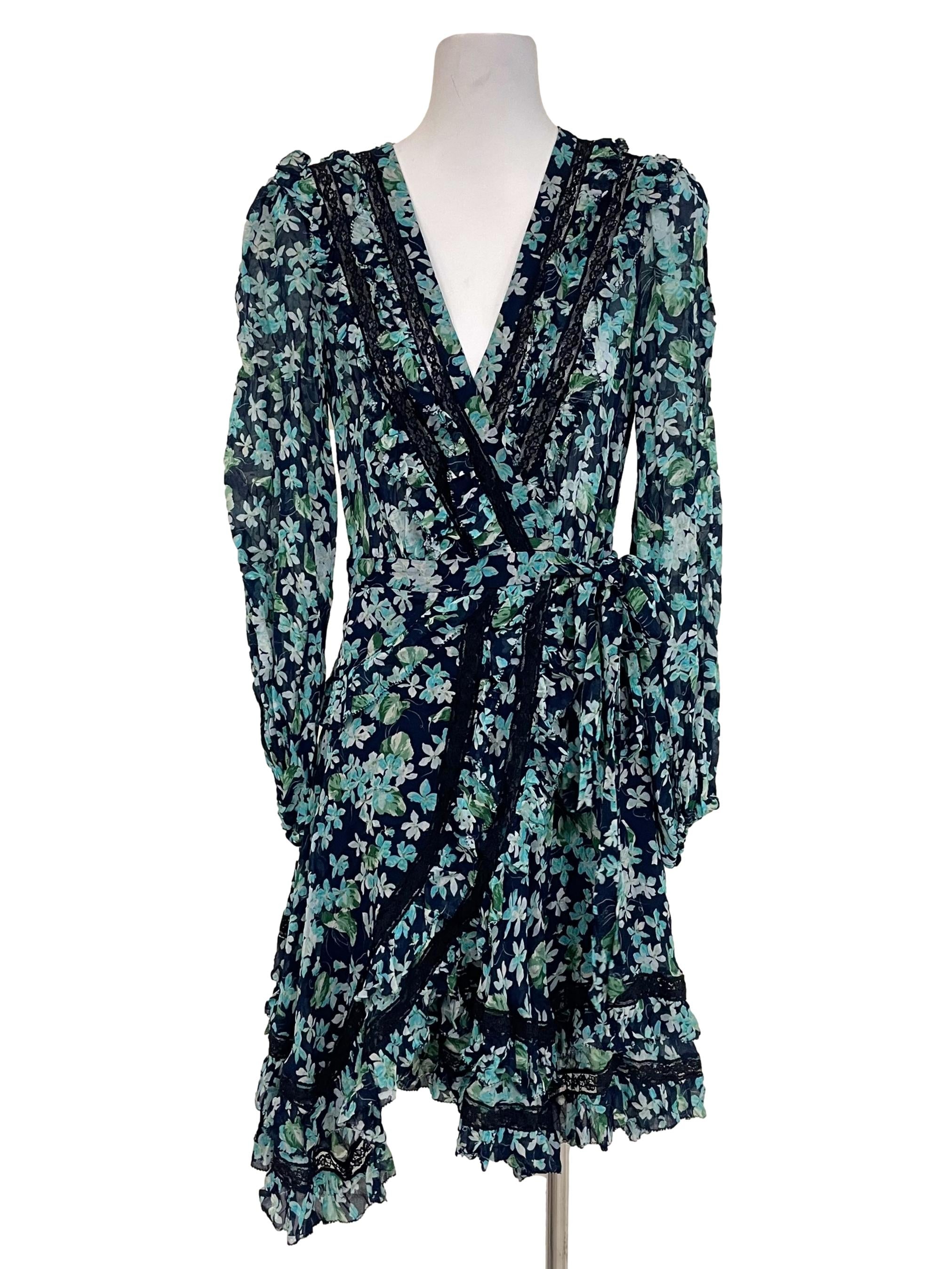Zimmermann Navy Floral Lace Wrap Dress