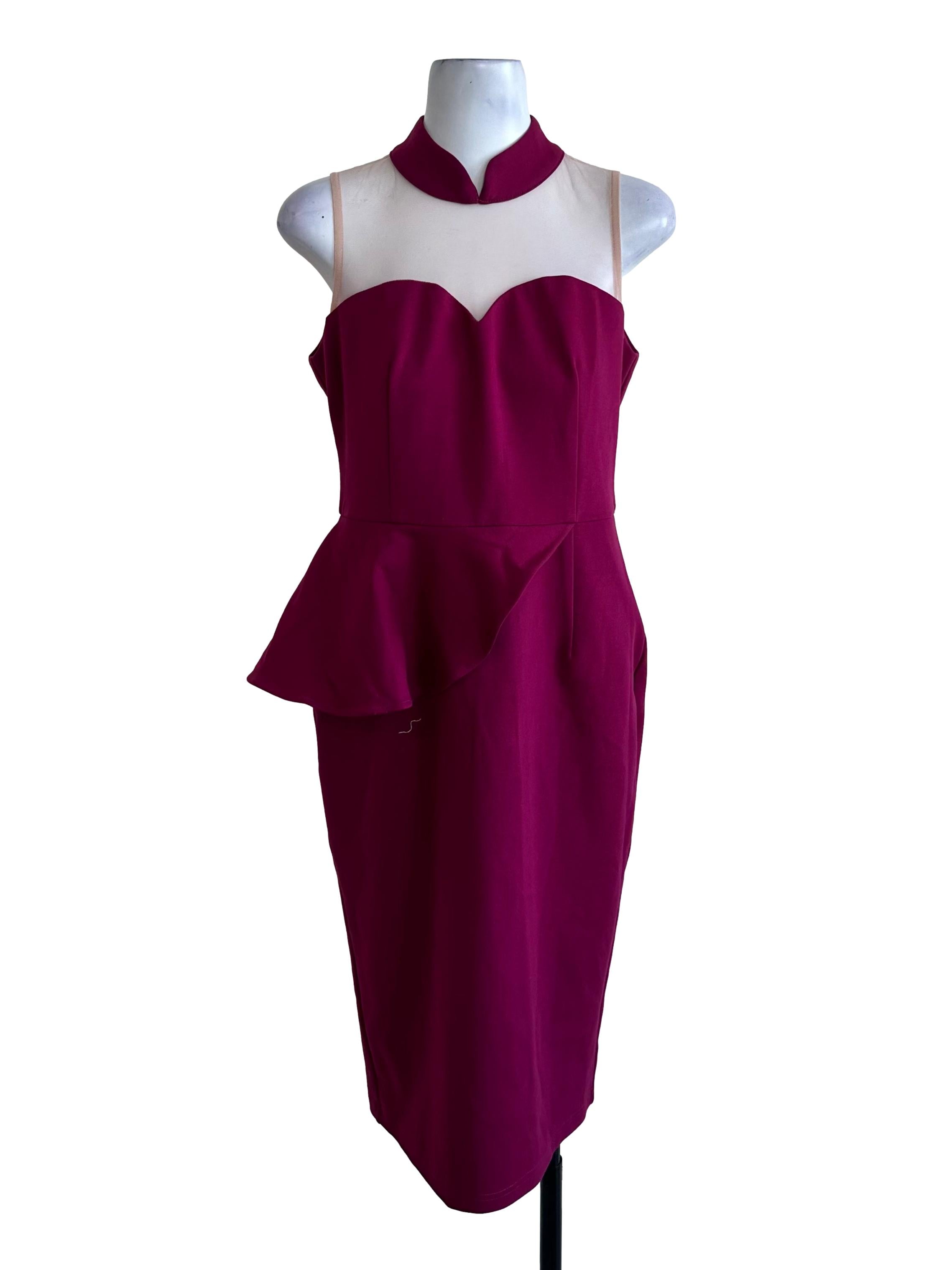 Doublewoot Magenta Purple Net High Neck Asymmetric Peplum Dress | REFASH