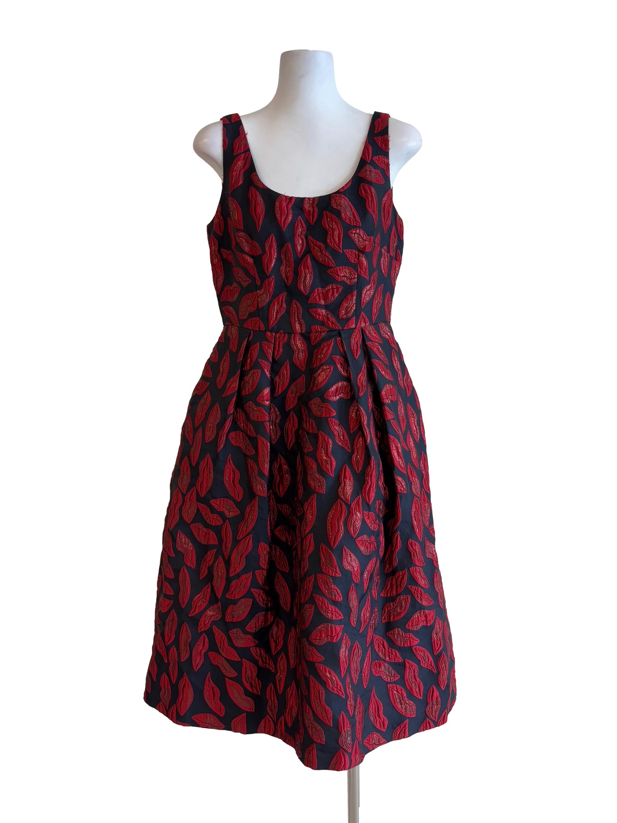 Gina Bacconi Crimson Red Sleeveless Patterned Flare Dress