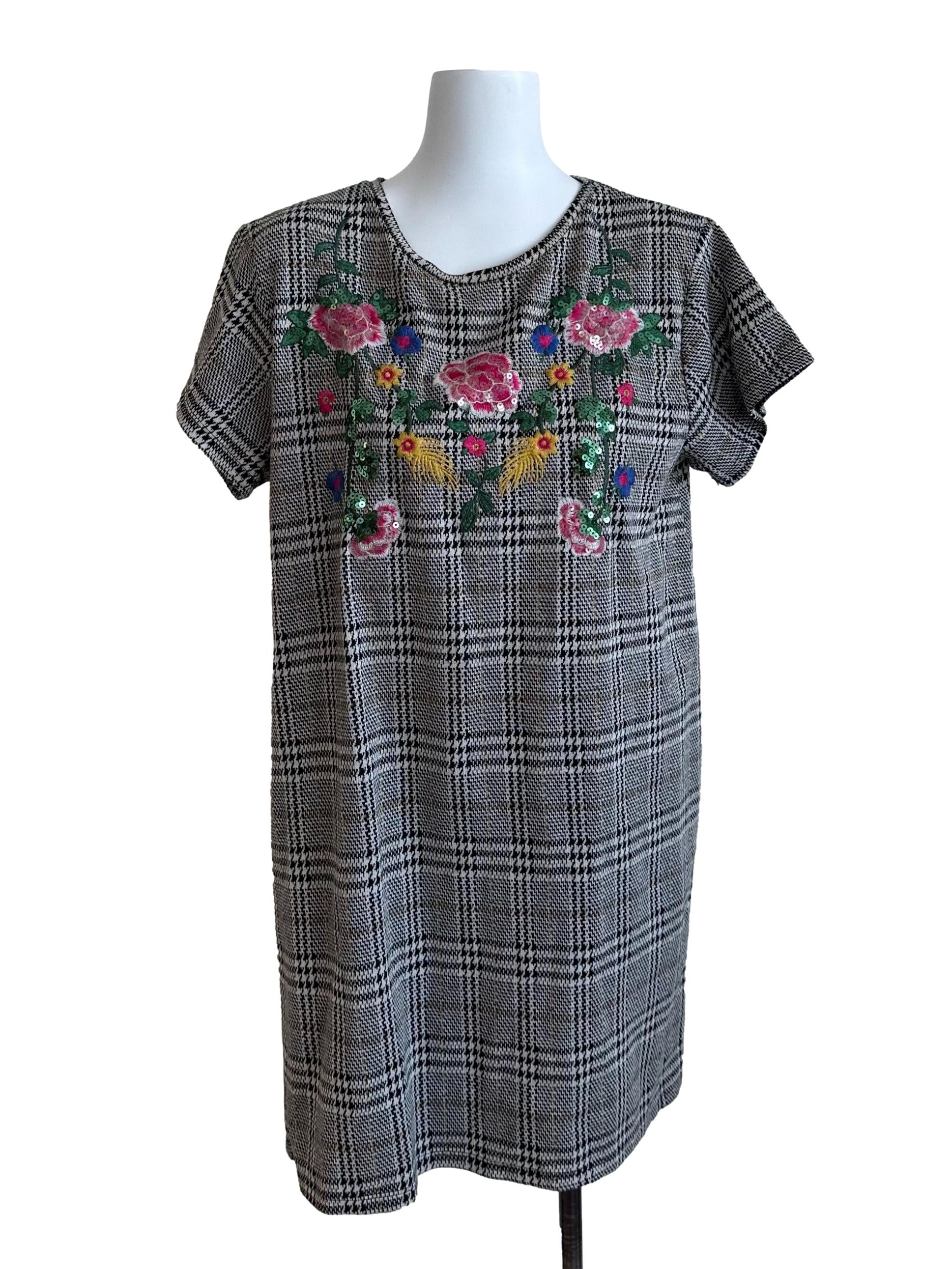 Zara Black Brown Plaid Floral Embroidery Sequin Dress | REFASH Zara Black Brown Plaid Floral Embroidery Sequin Dress | REFASH