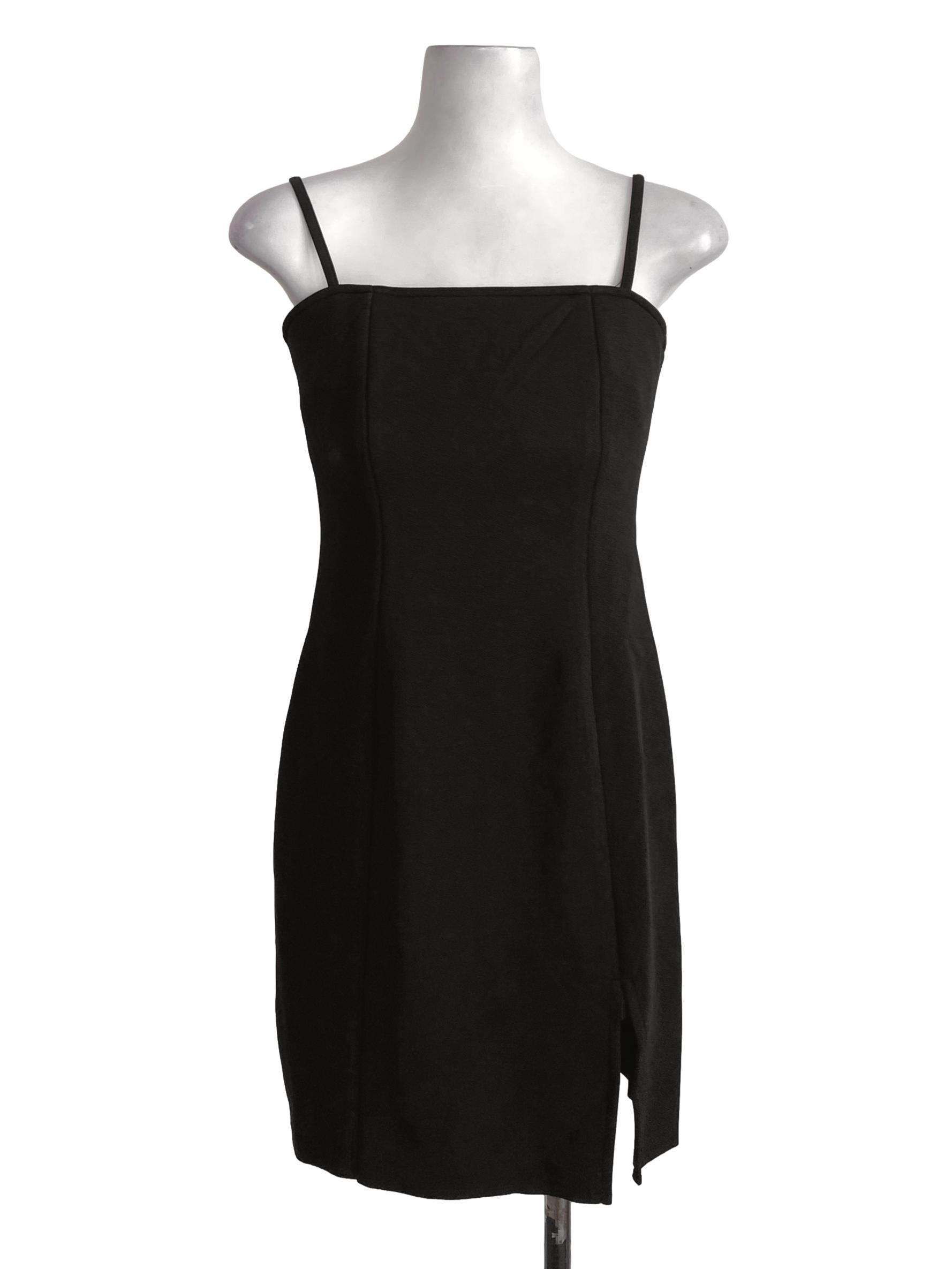 Air Space Black Plain Spaghetti Strap Mini Bodycon Slit Dress | REFASH Air Space Black Plain Spaghetti Strap Mini Bodycon Slit Dress | REFASH