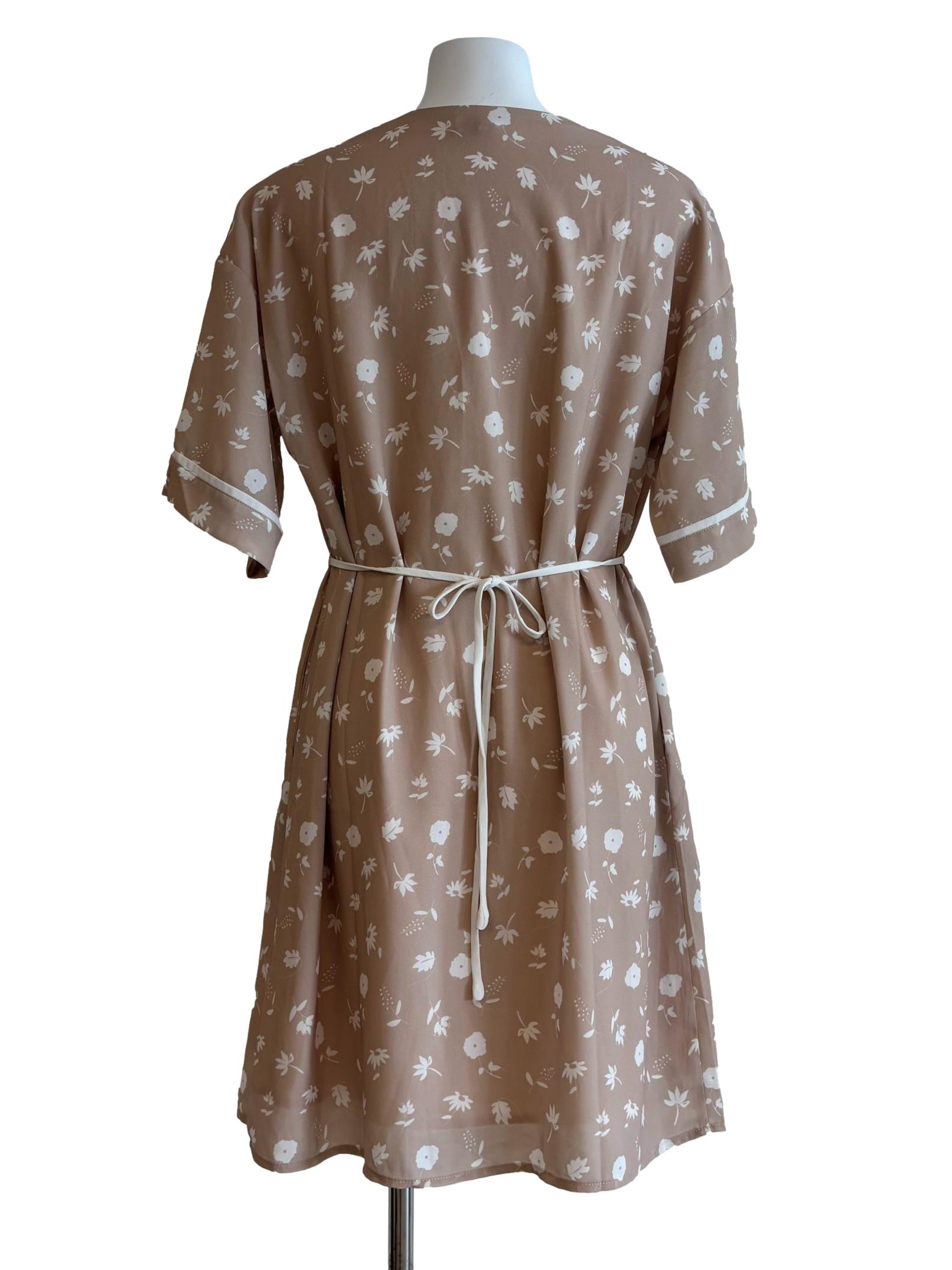 Almond Beige White Floral Print Dress