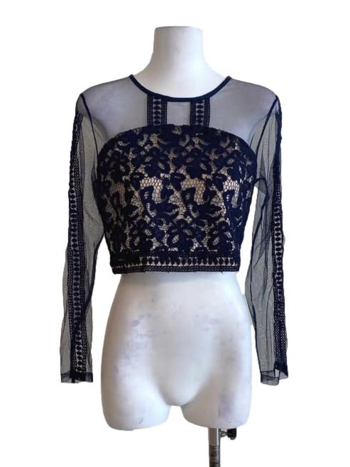 Indigo Blue Embroidery Mesh Sleeve Crop