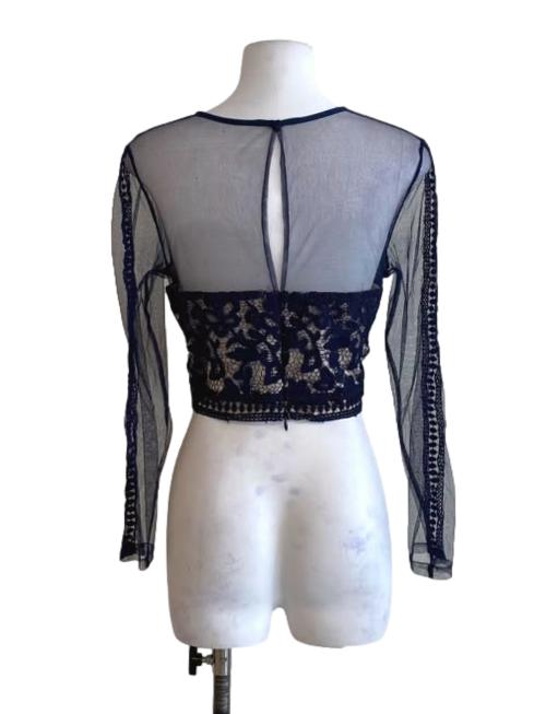 Indigo Blue Embroidery Mesh Sleeve Crop