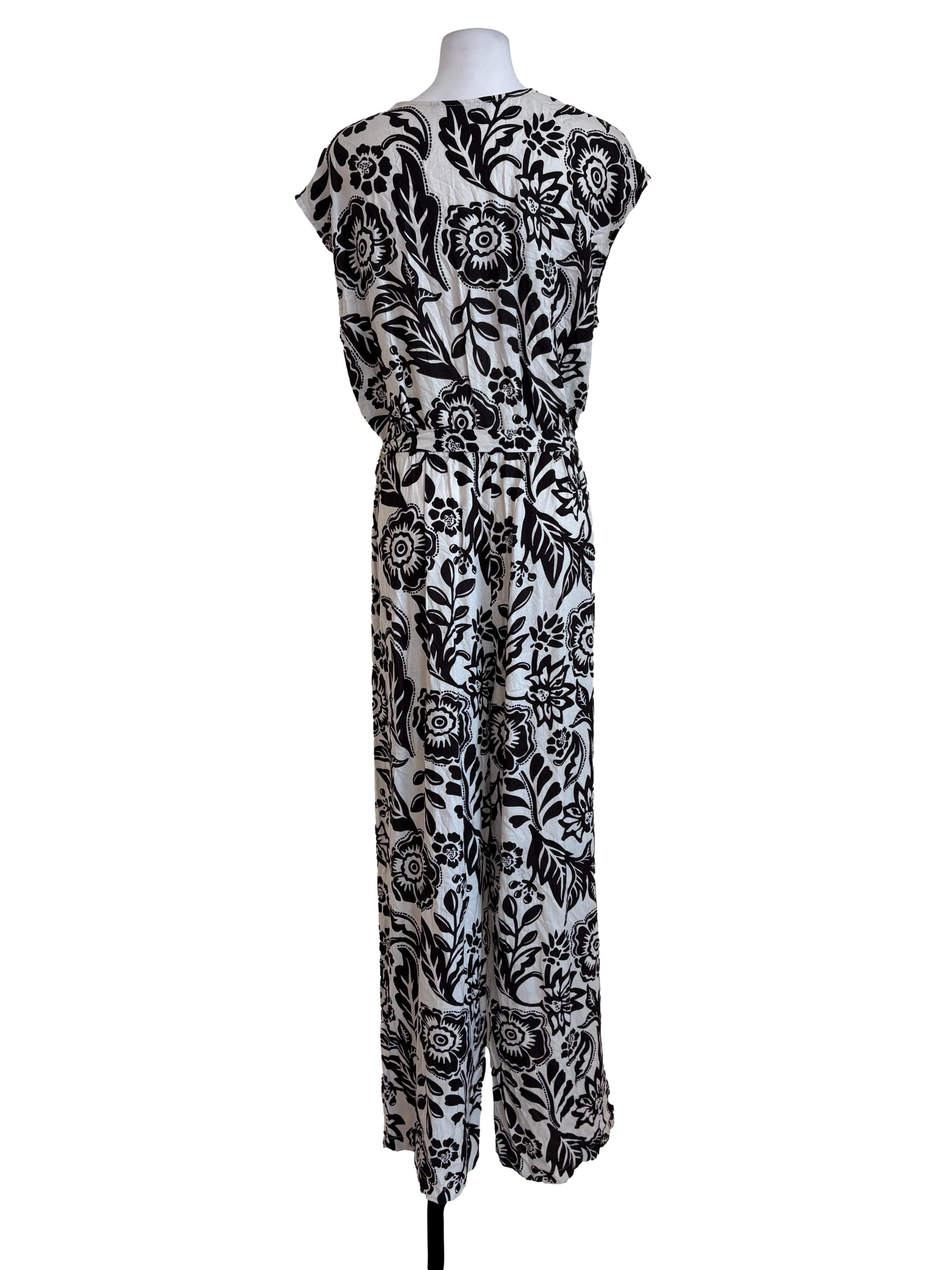 Black White Floral Wrap Jumpsuit