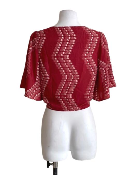 Light Brick Red And White Pattern V-Neck Button Down Blouse