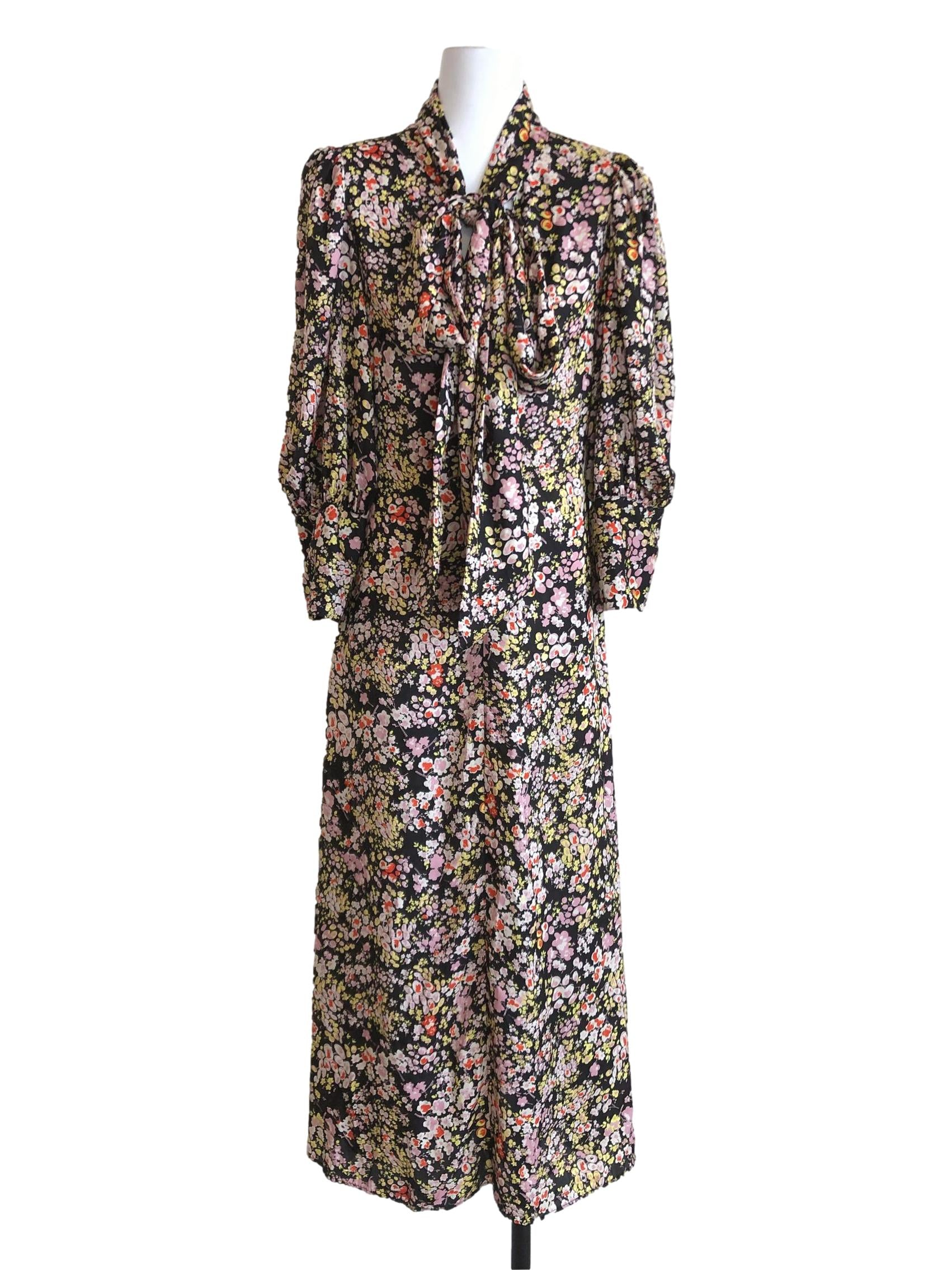 Floral Black Tie Neck Dress