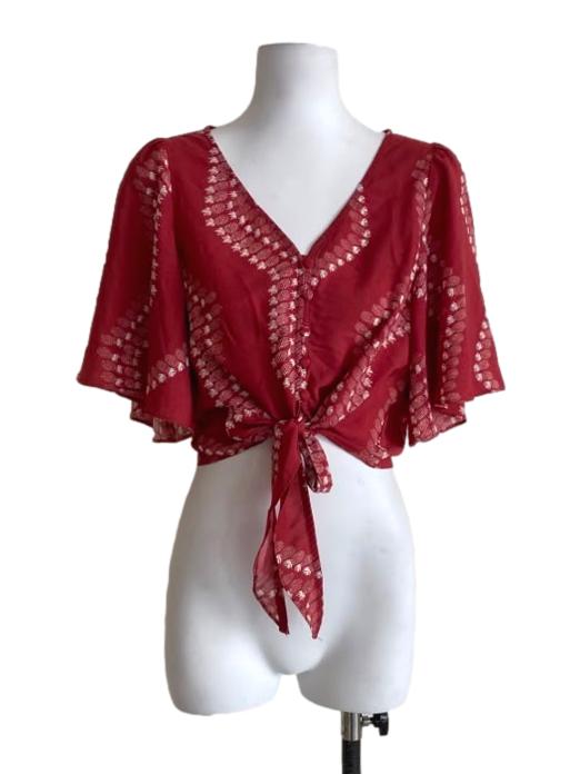 Light Brick Red And White Pattern V-Neck Button Down Blouse