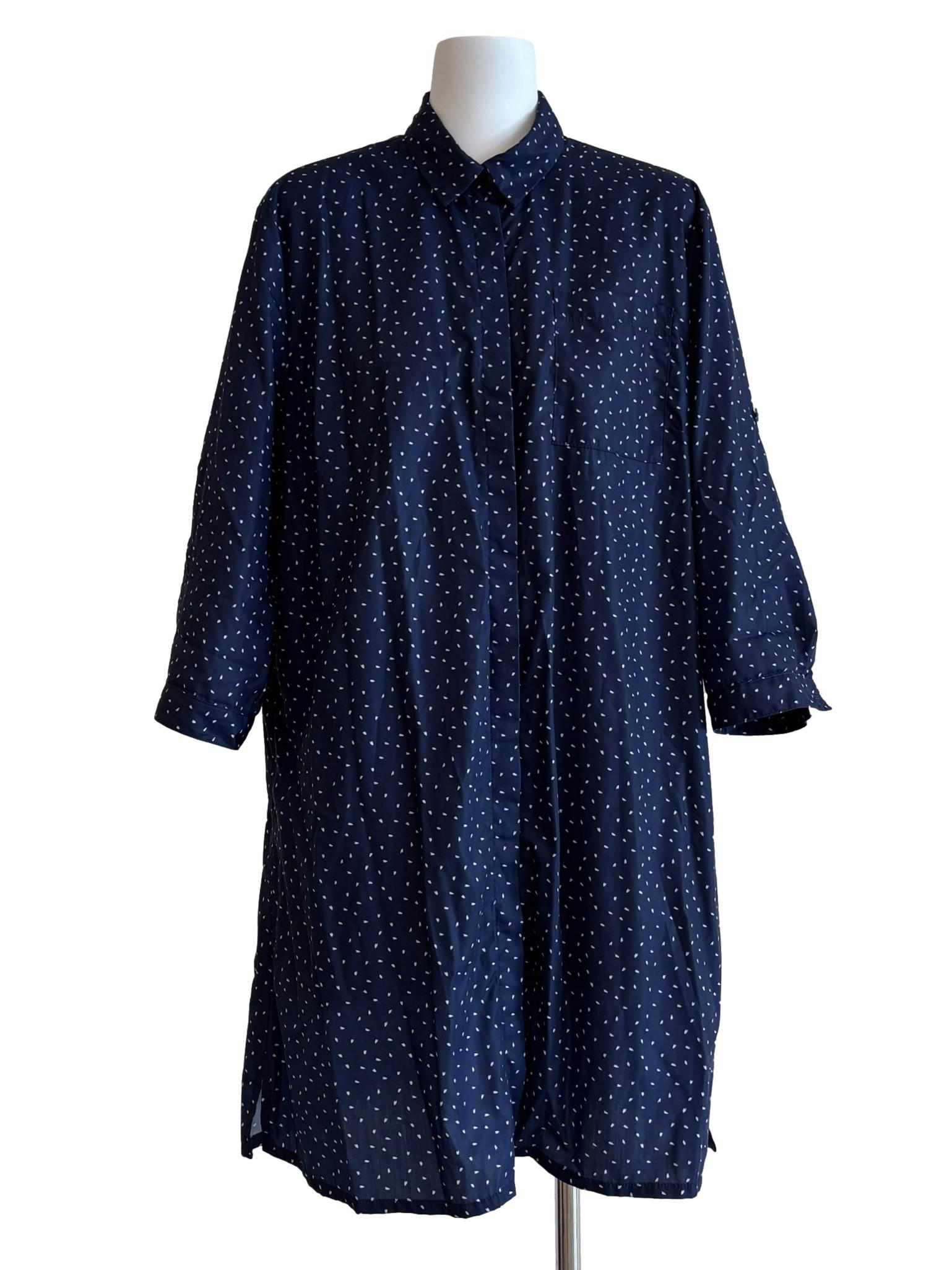Navy Blue Dotted Long Buttoned Shirt Dress