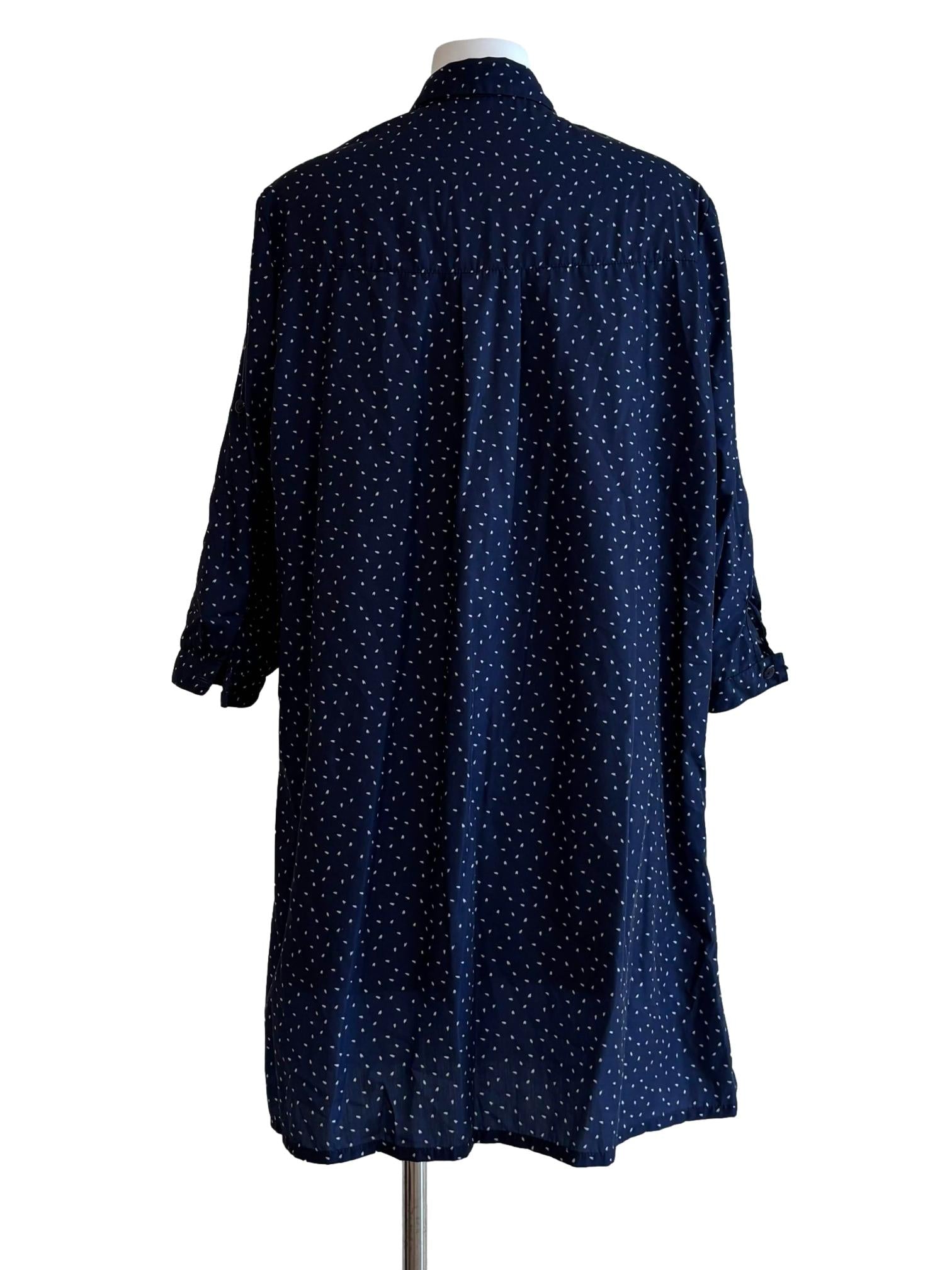 Navy Blue Dotted Long Buttoned Shirt Dress