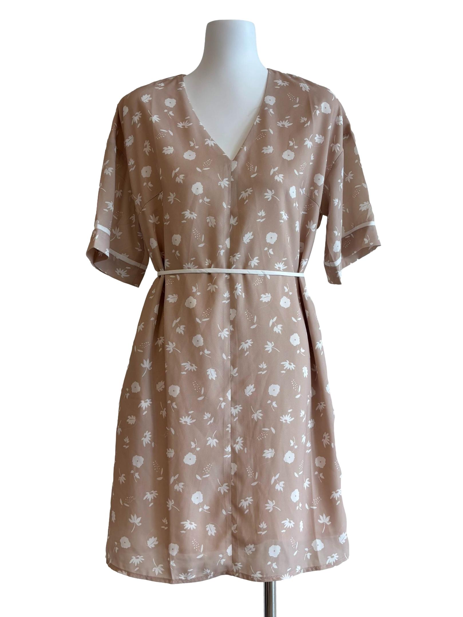 Almond Beige White Floral Print Dress