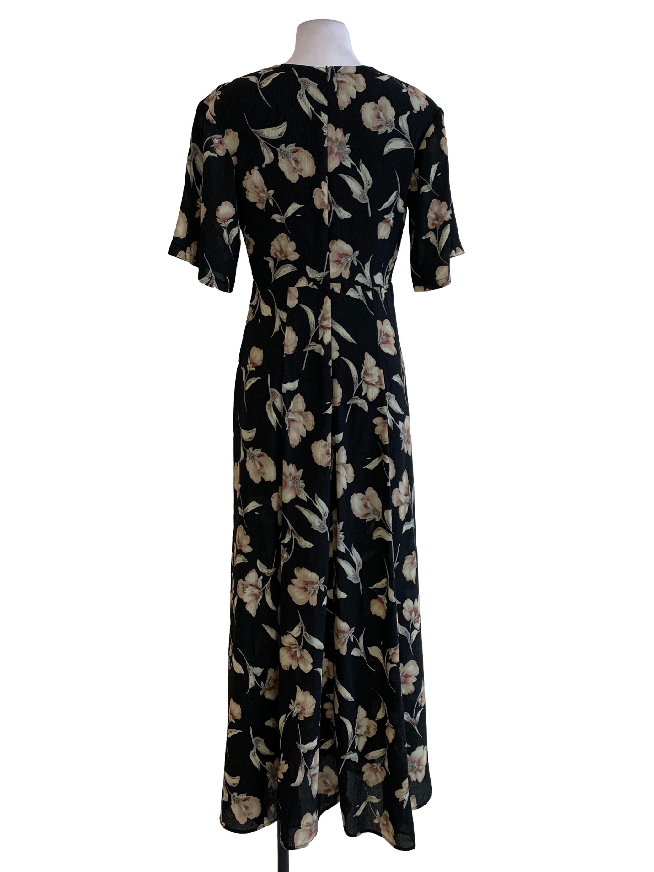 Black Floral Pattern V-Neck Maxi Dress