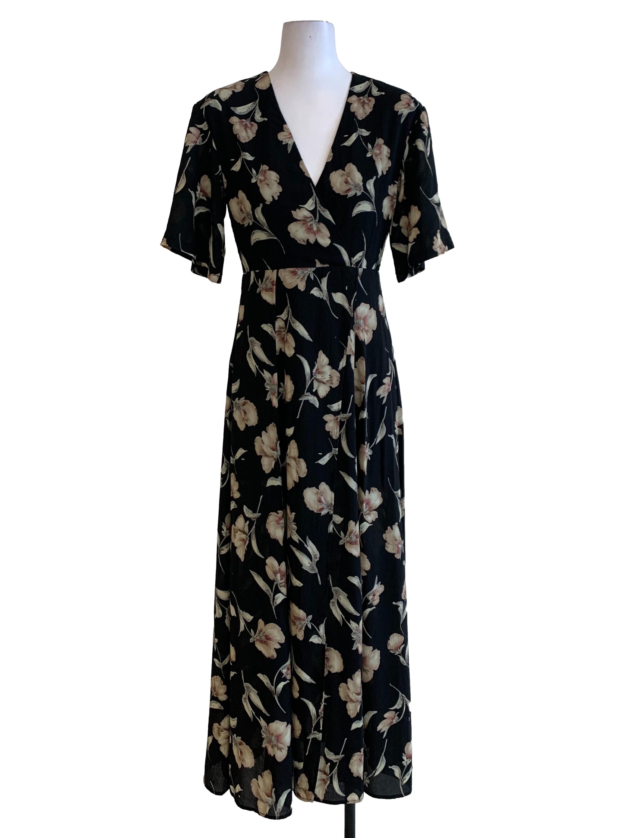Black Floral Pattern V-Neck Maxi Dress