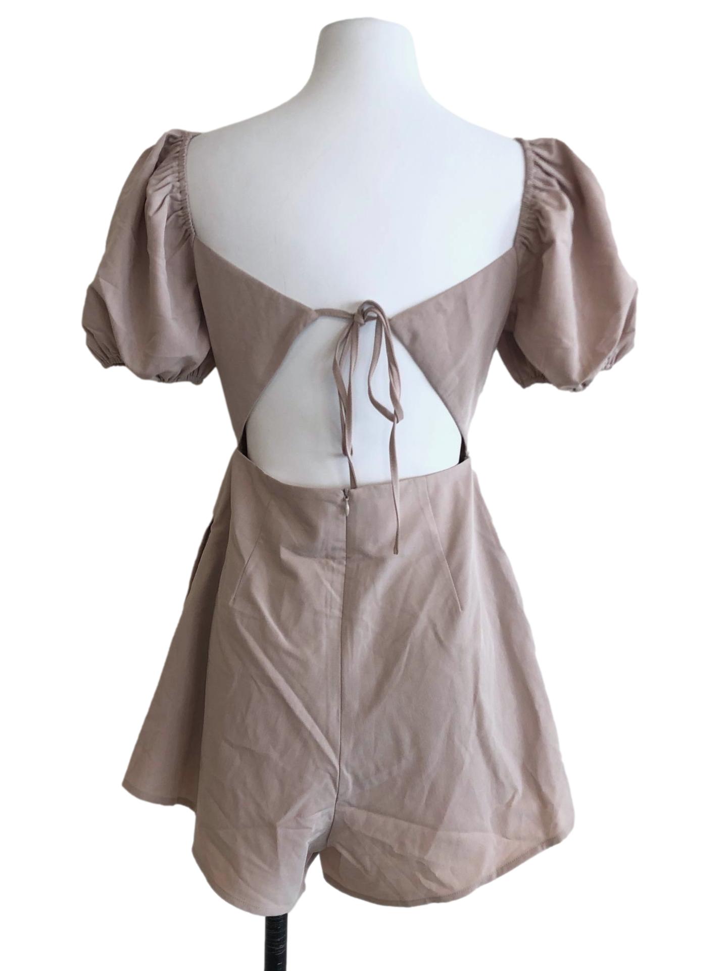 Brown Beige Open Tie Back Romper