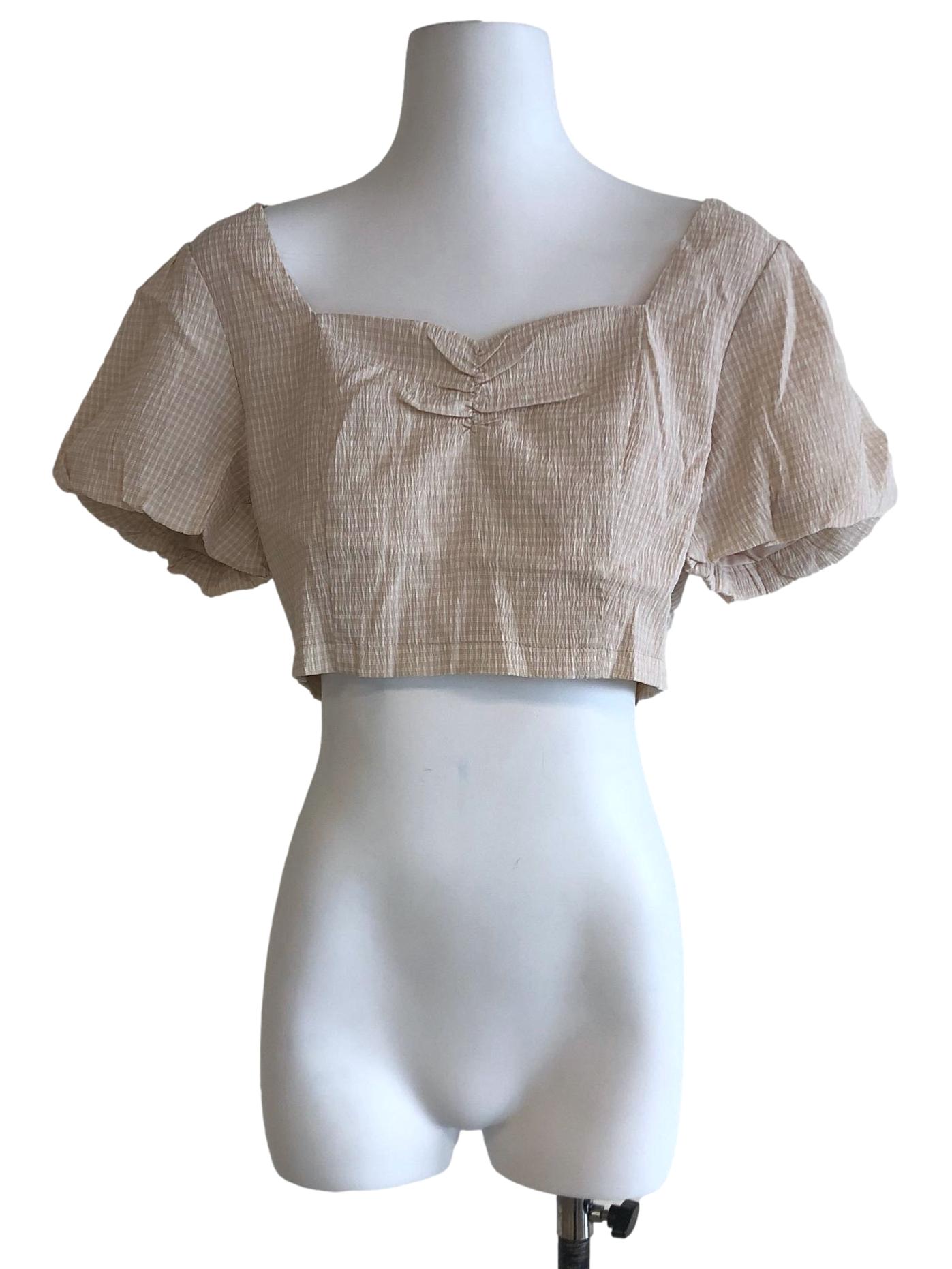 Peach Beige Gingham Cropped Top