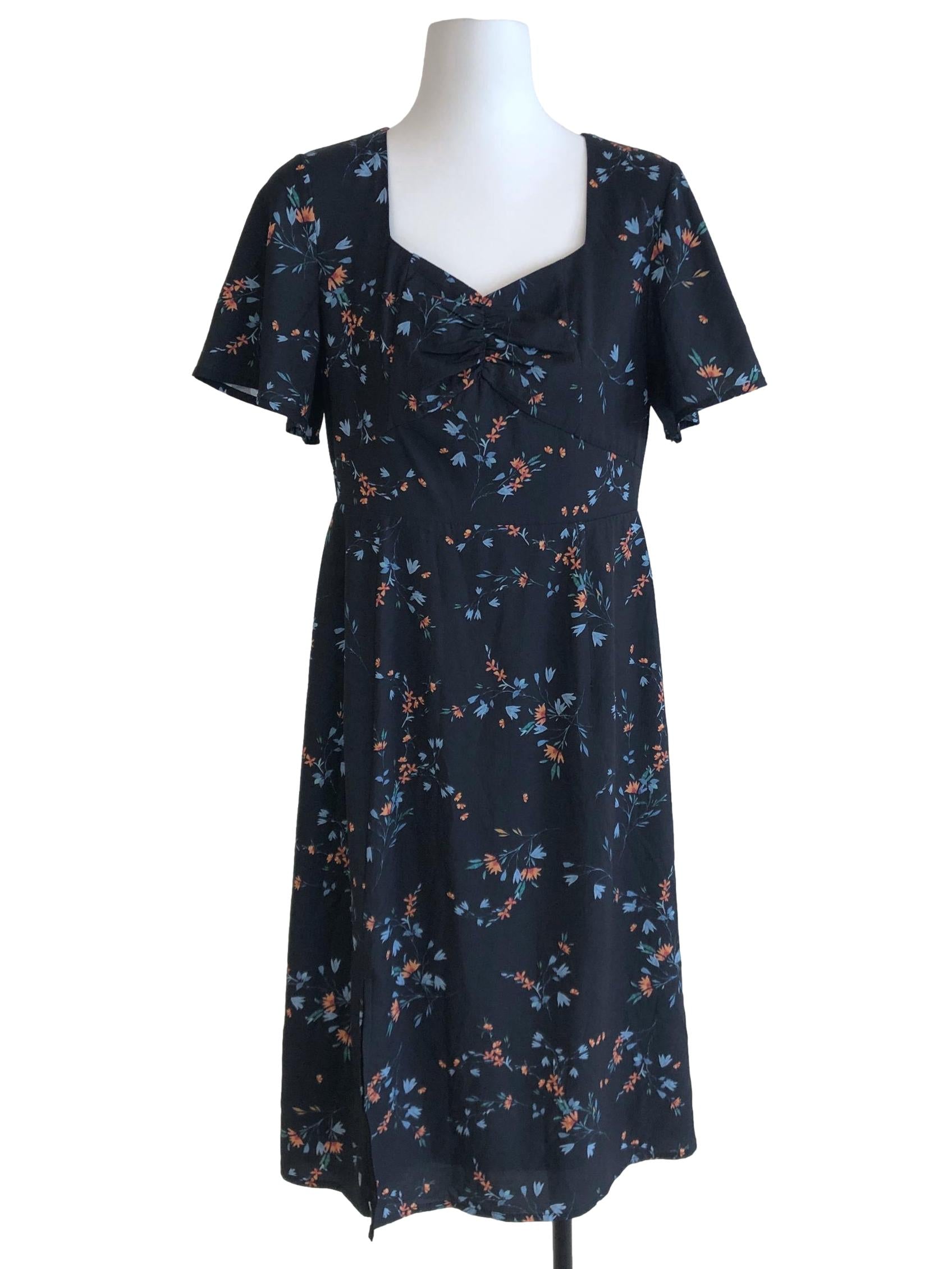 Dark Blue Floral Queen Anne Dress
