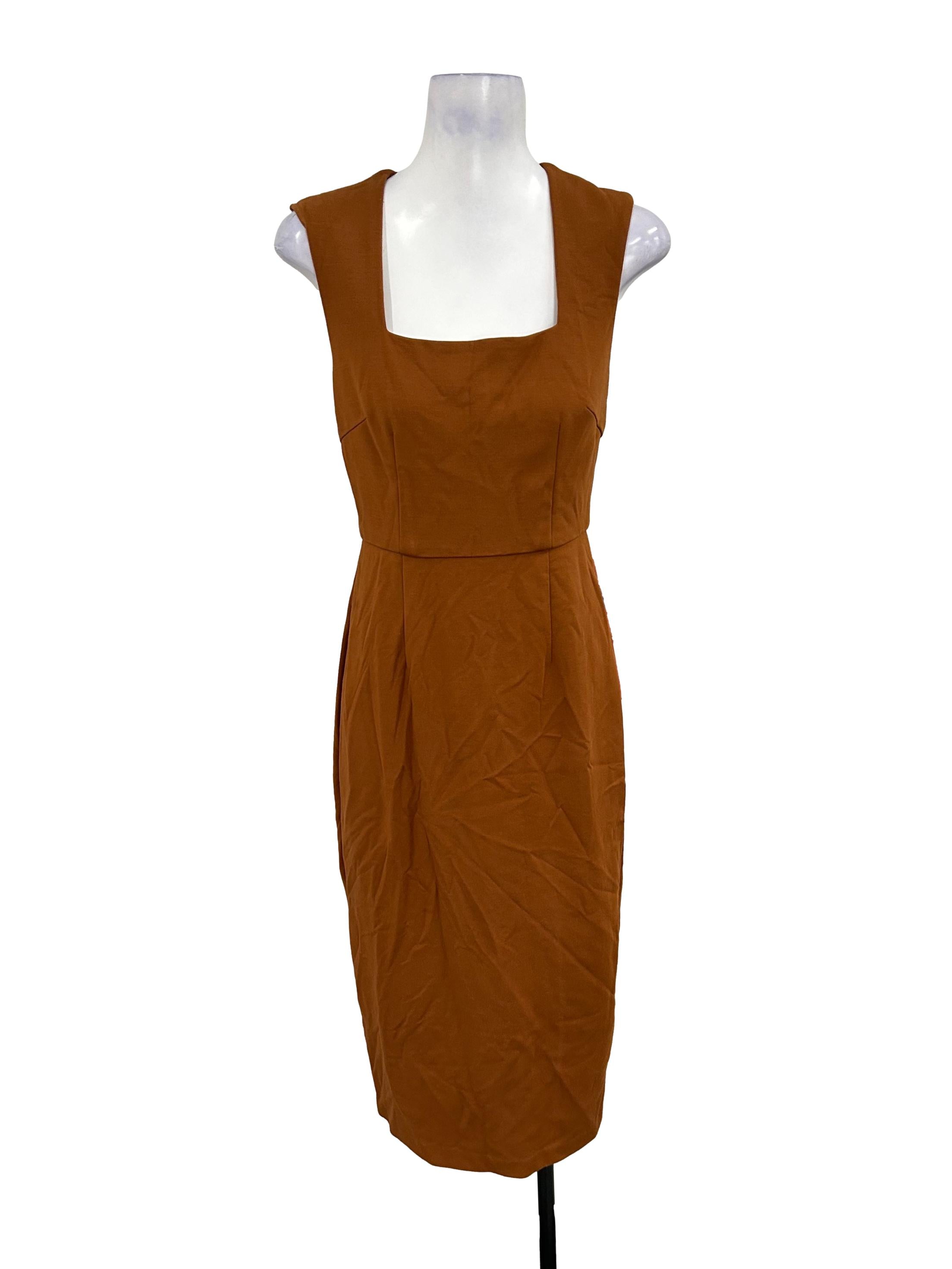 Brown Straight-Neck Bonded Jersey Dress OSN