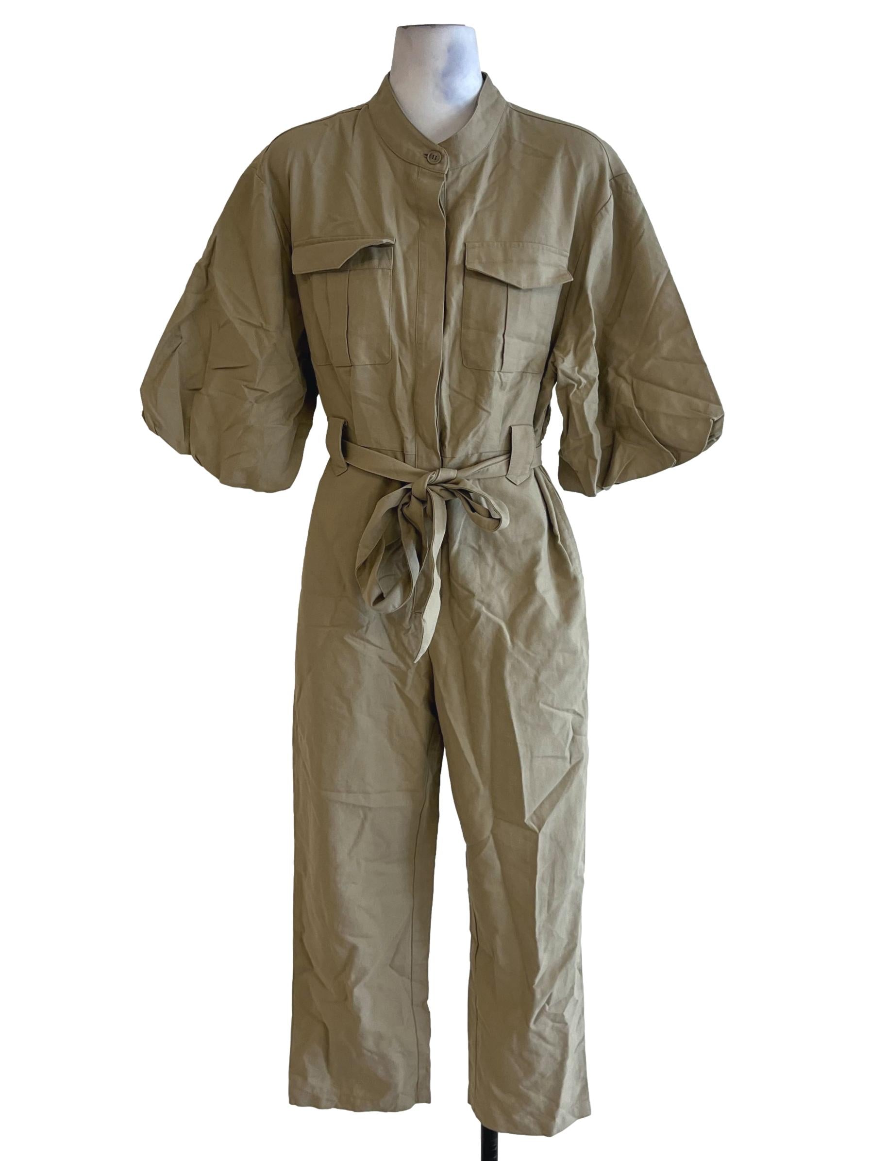 Beige Belted Shirt Jumpsuit