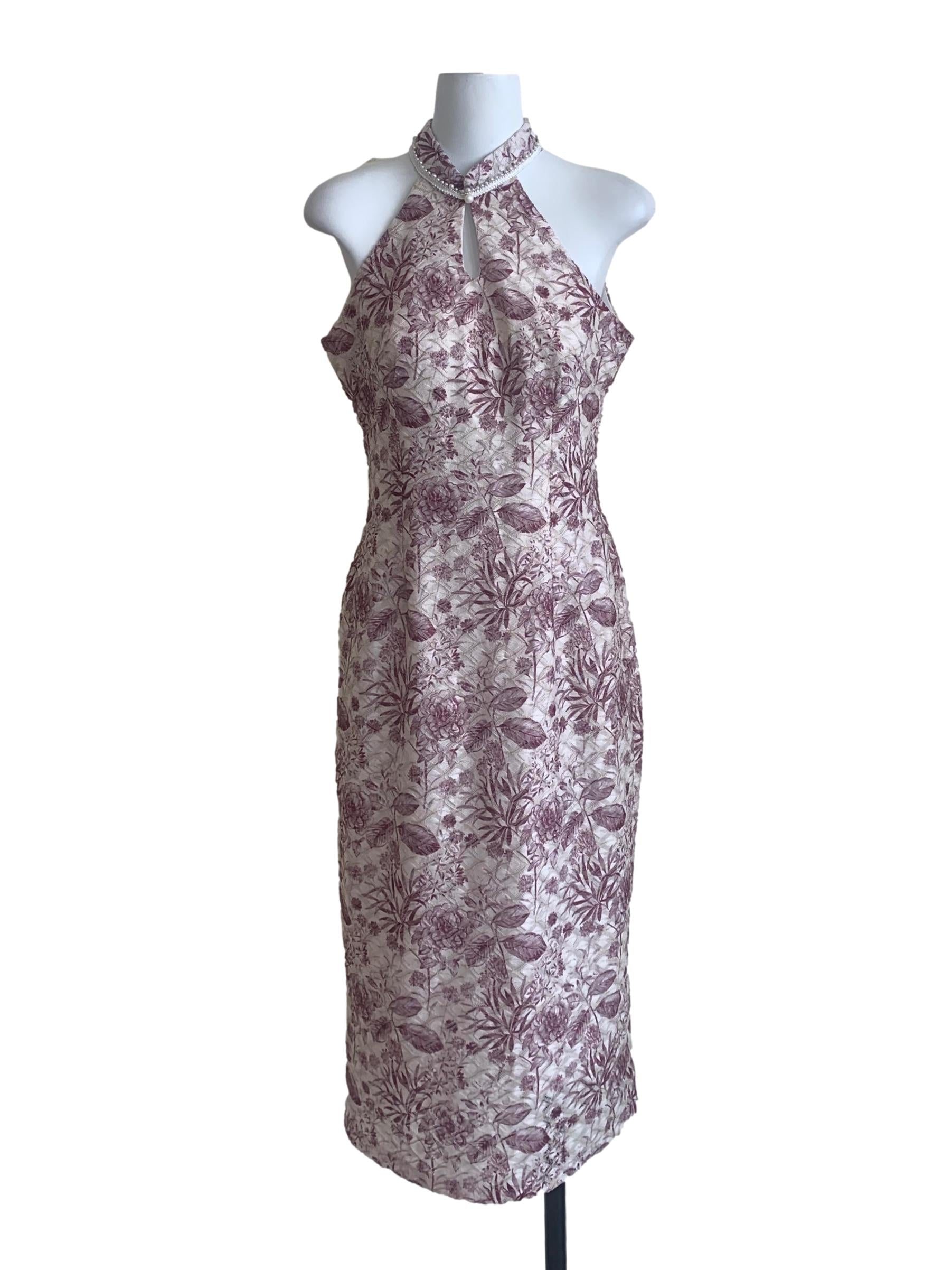 Lilac Purple Floral Pattern High Neck Dress