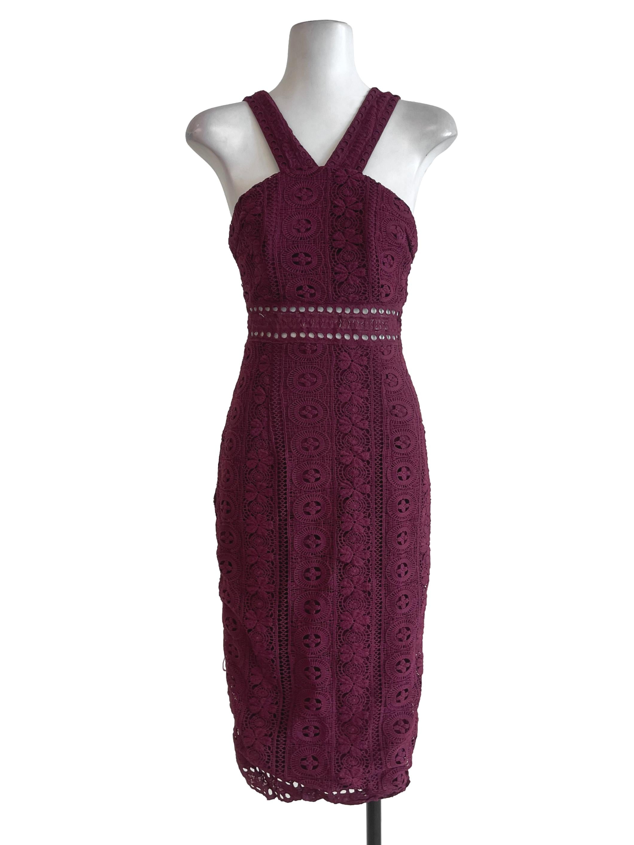 Maroon Crochet Eyelet Pencil Dress