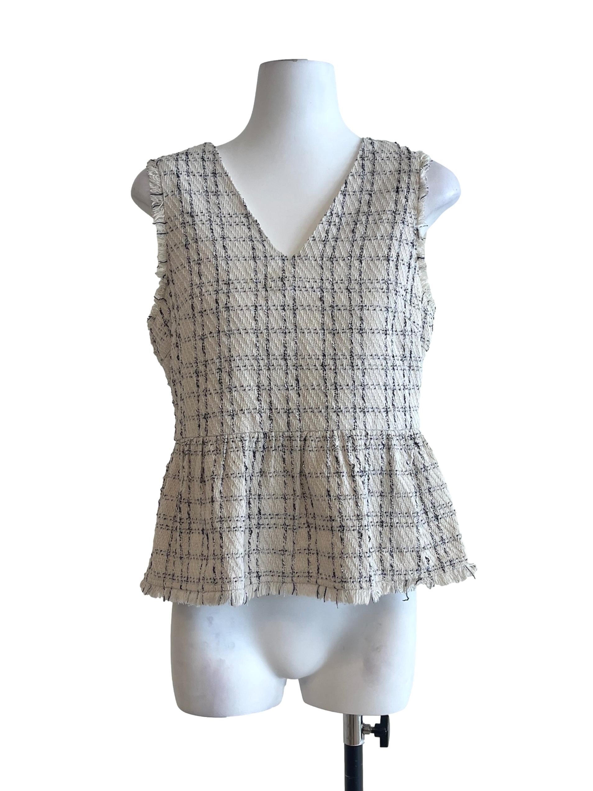 Ivory White V-Neck Sleeveless Tweed Top
