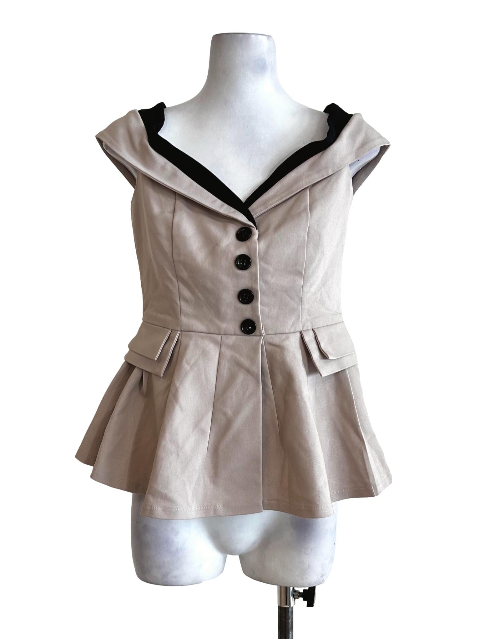 Beige V Neckline Button Top