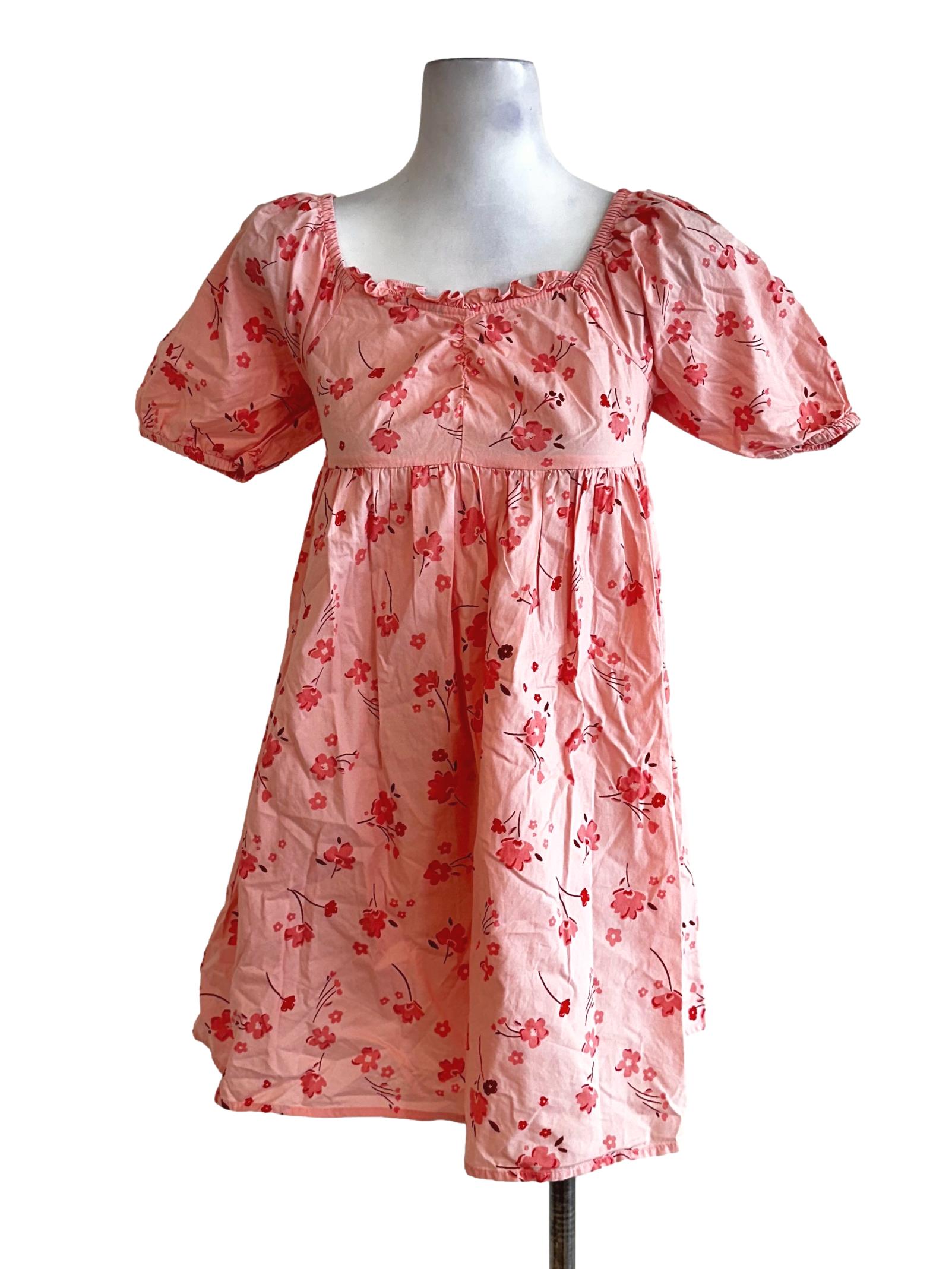 Coral Pink Flower Printed Mini Dress