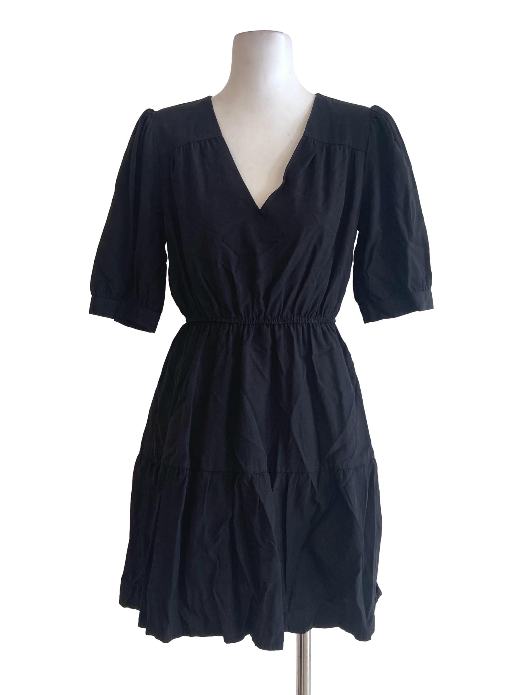 Black V Neck Layered Linen Dress TEM