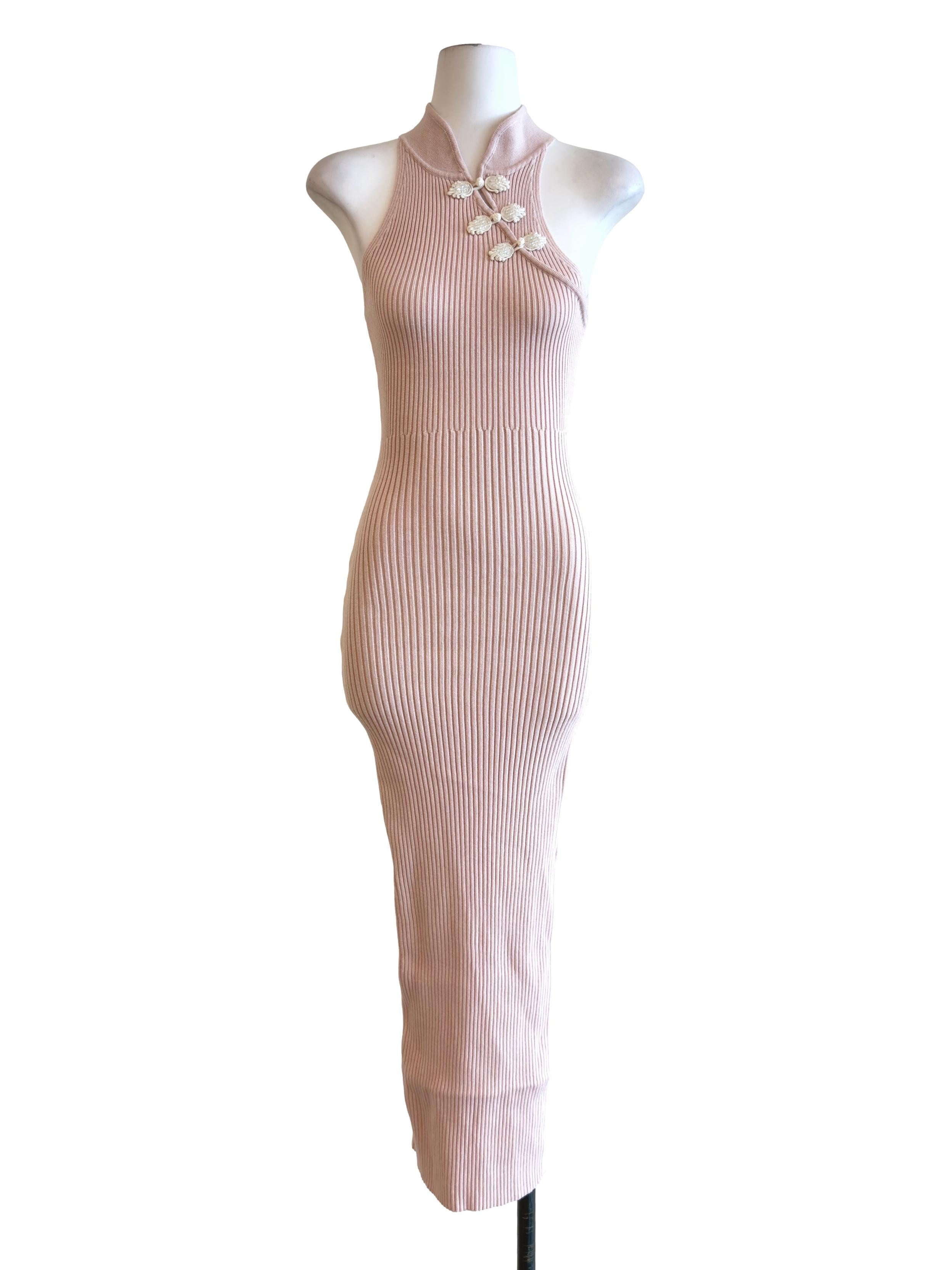 Flamingo Pink Halter Knitted Cheongsam Dress