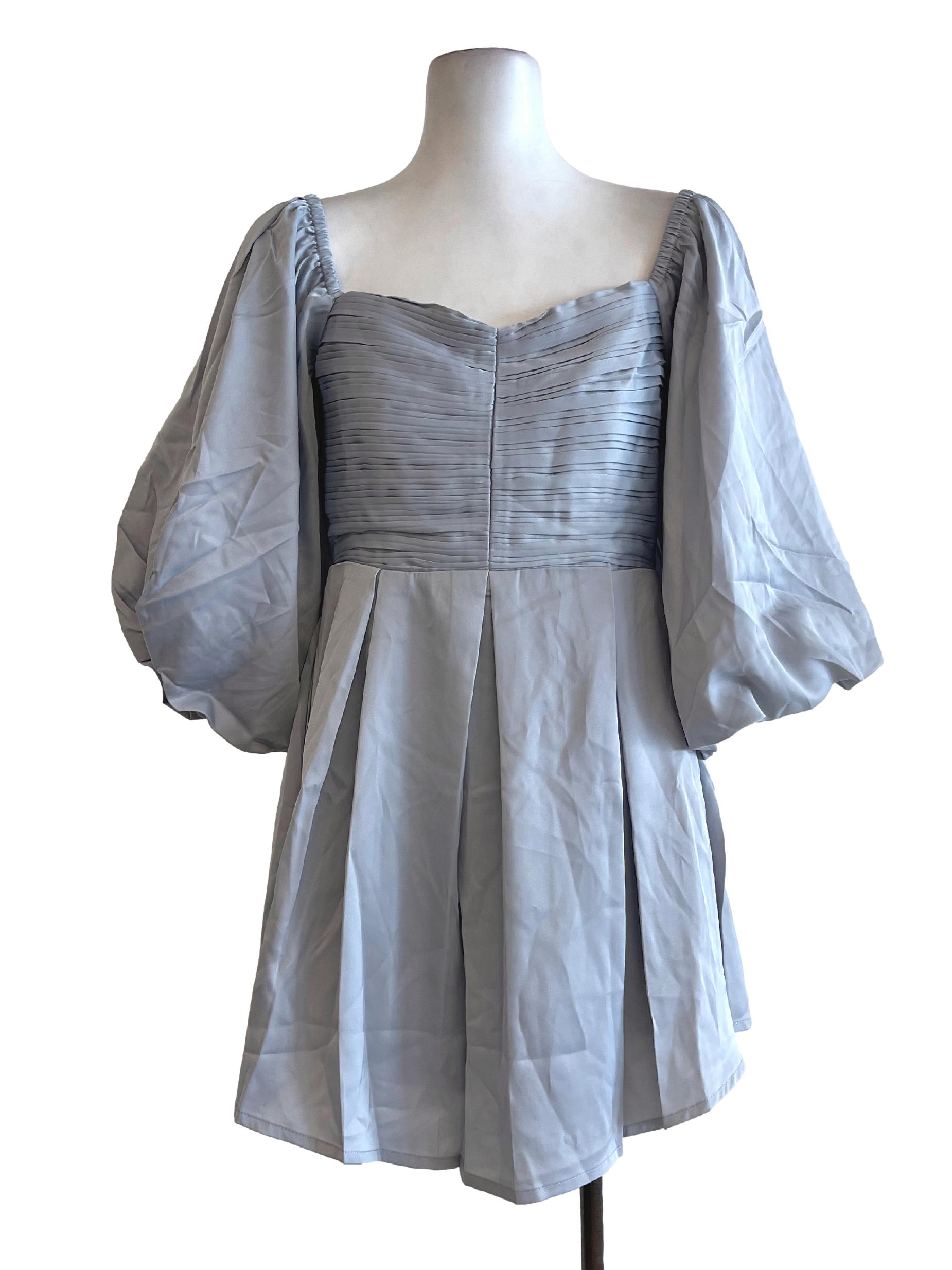 Dusty Blue Pleated Puff Romper