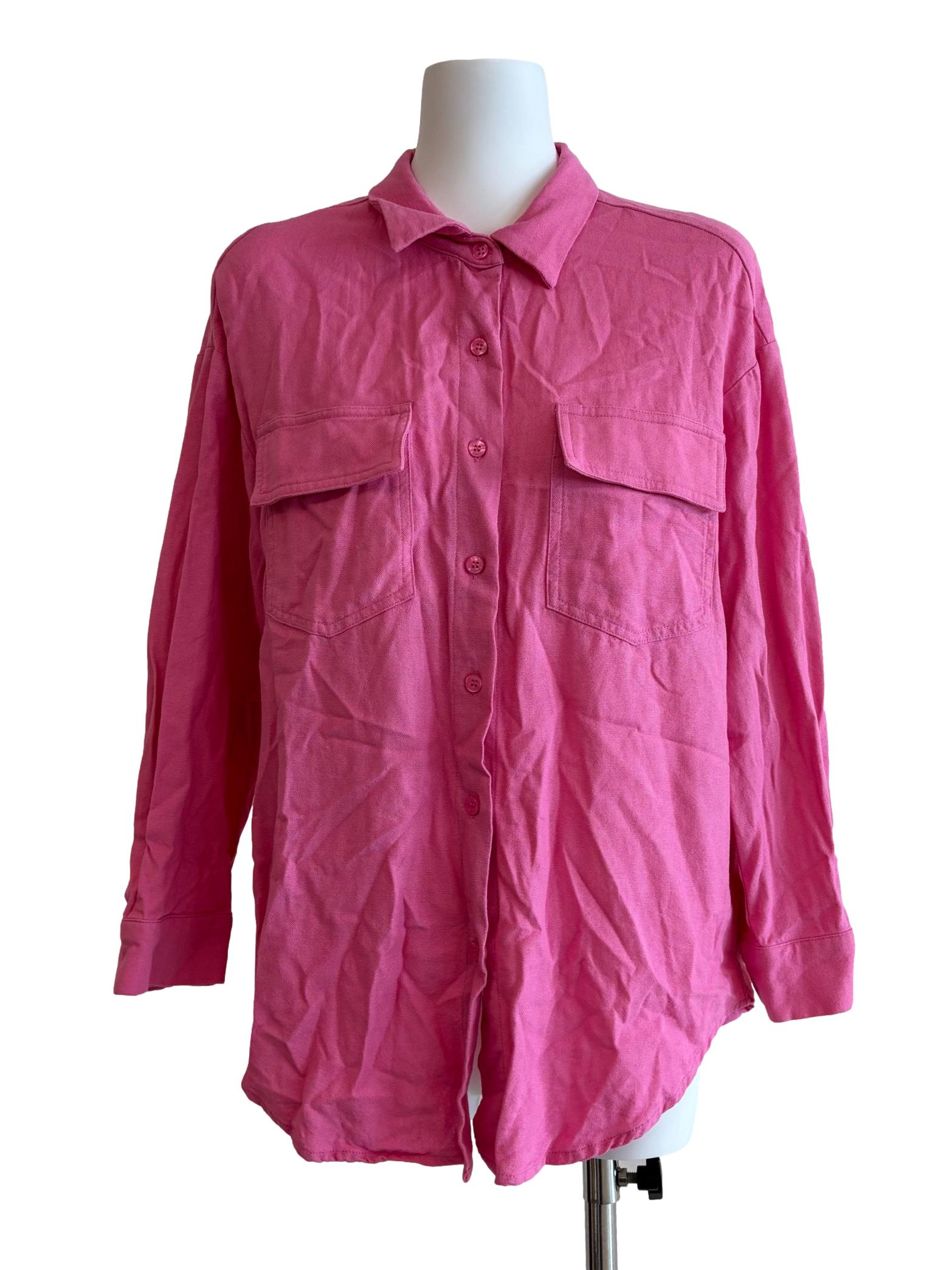 Pink Long Sleeve Linen Buttoned Shirt