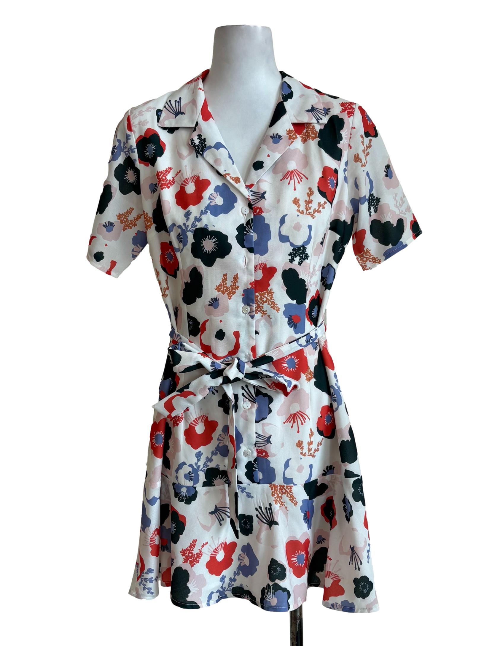 White Floral Buttoned Straight Ruffle Dress