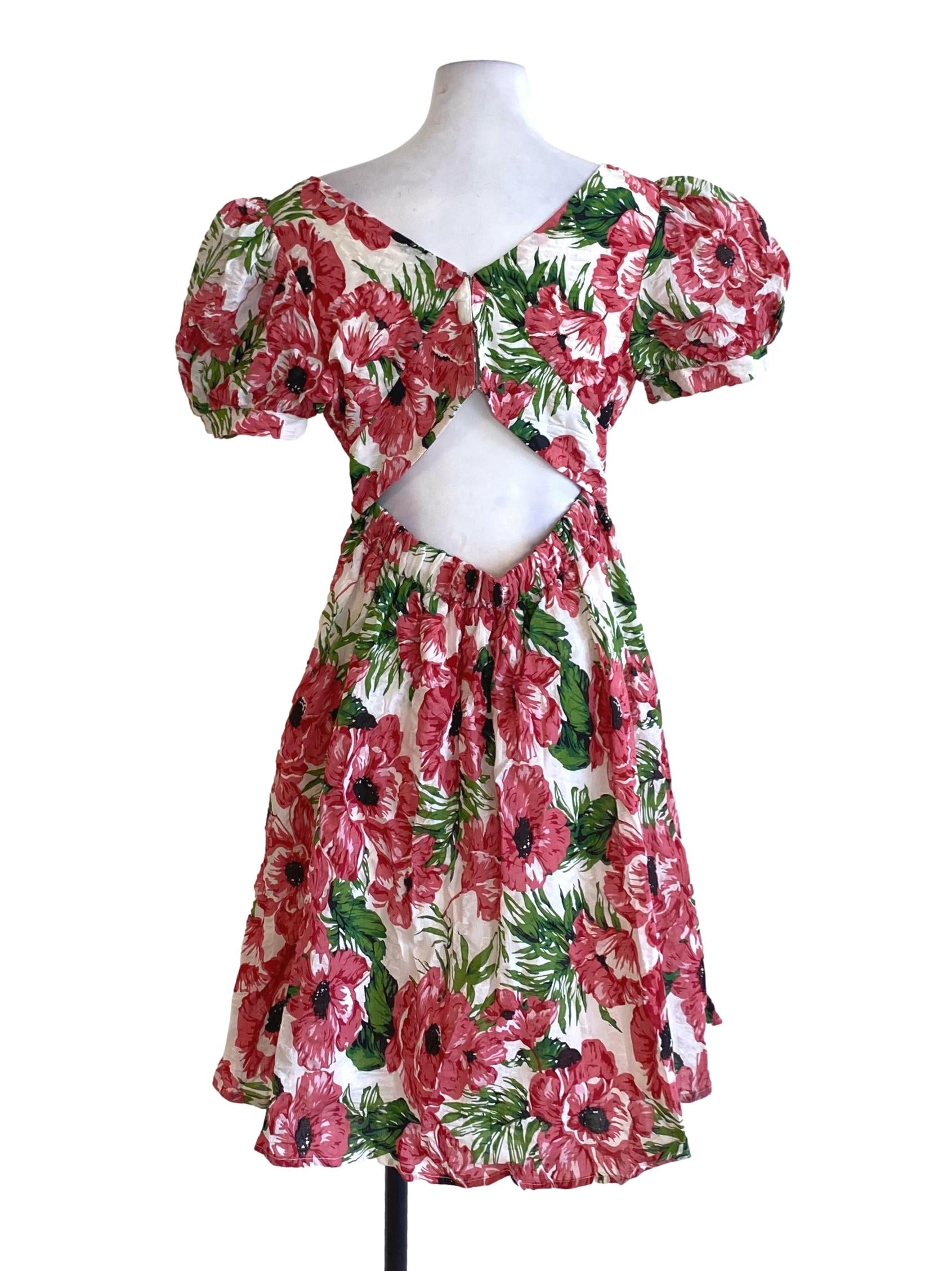 Punch Pink Floral Square Neck Puffed A-Line Dress