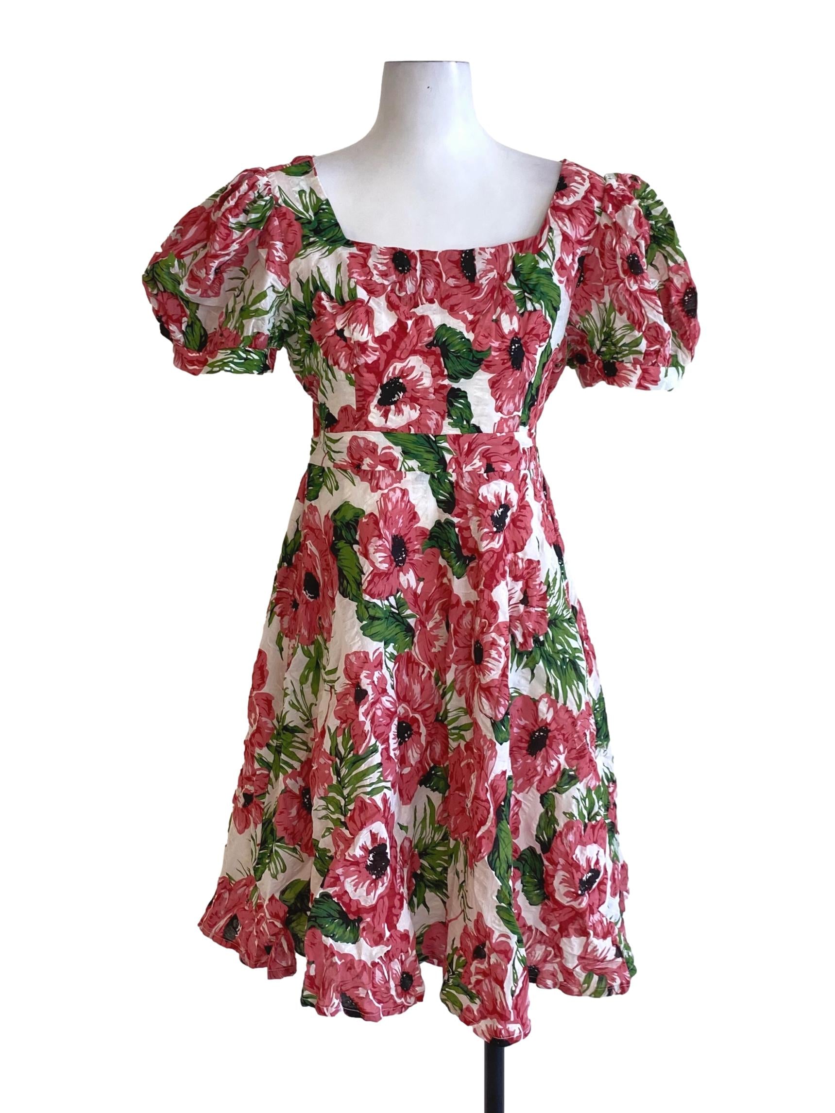 Punch Pink Floral Square Neck Puffed A-Line Dress