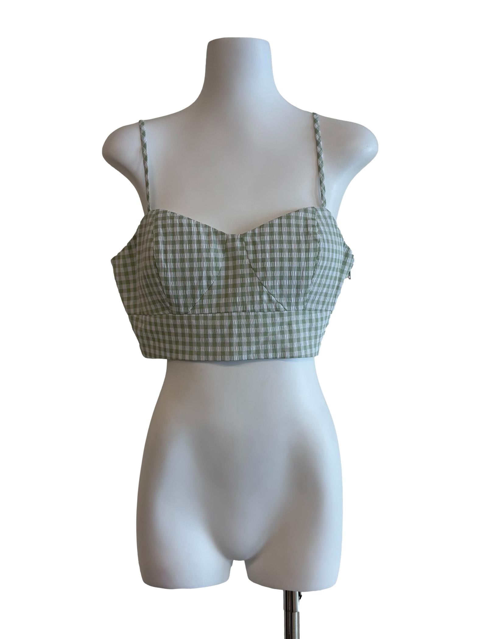 Basil Green Spaghetti Strap Plaid Crop Top
