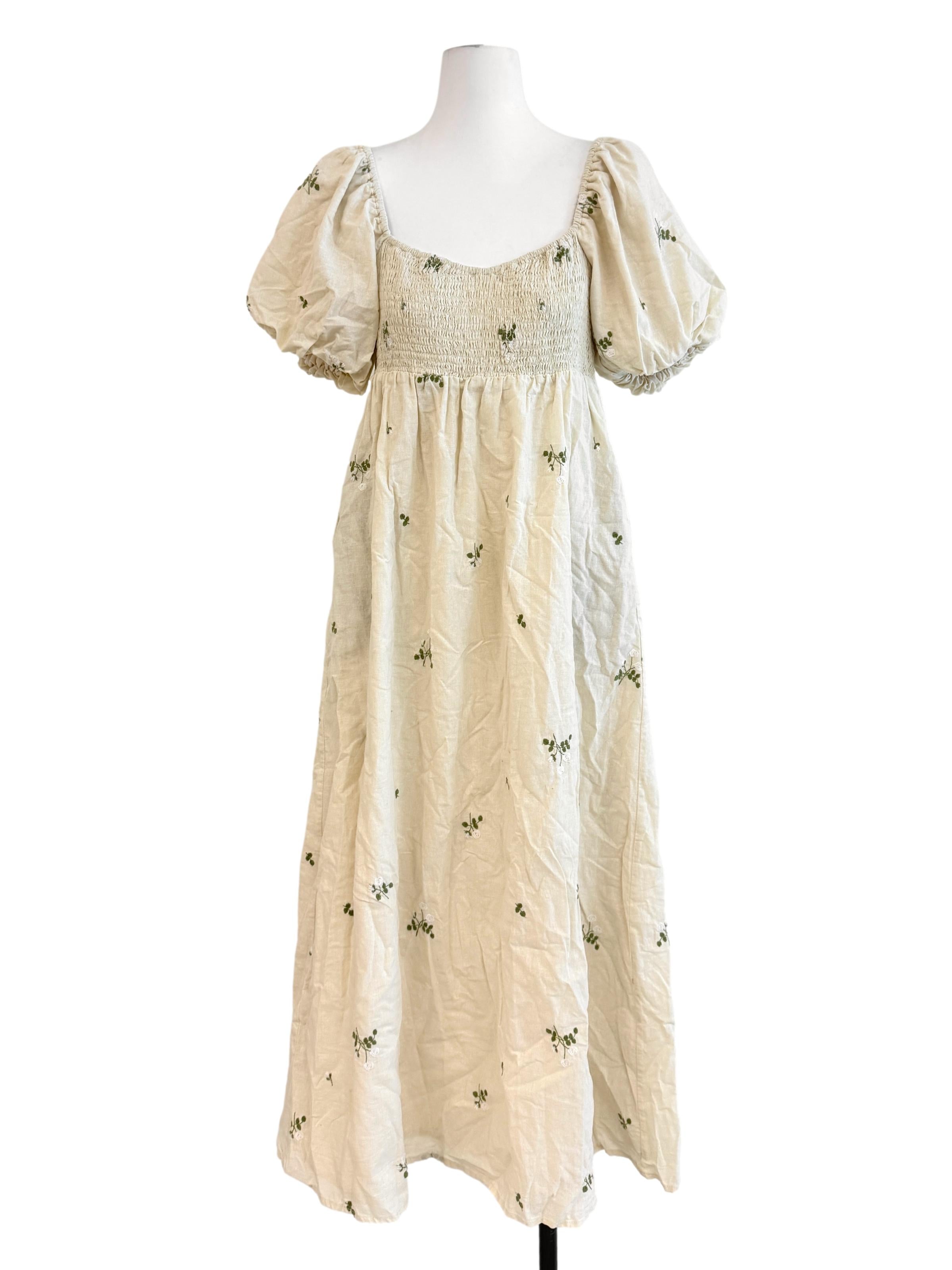 Cream Floral Embroidery Peasant Dress