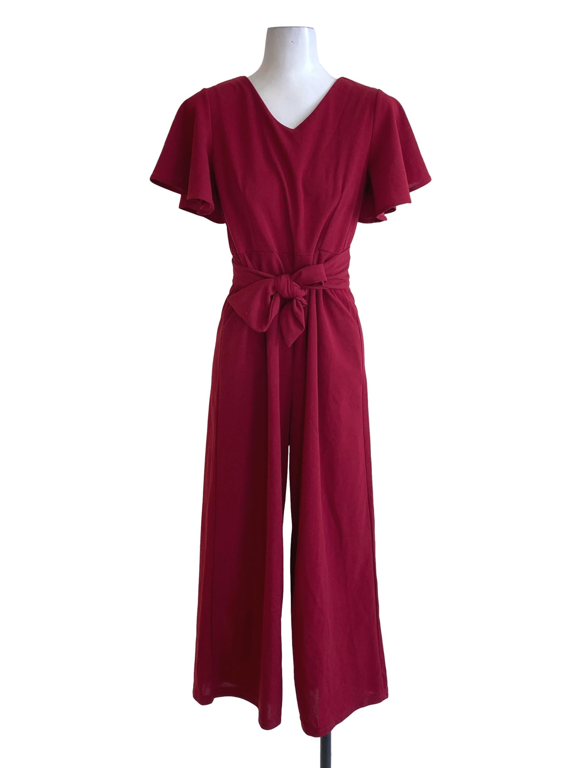 Blood Red V-Neck Cape Sleeve Jumpsuit