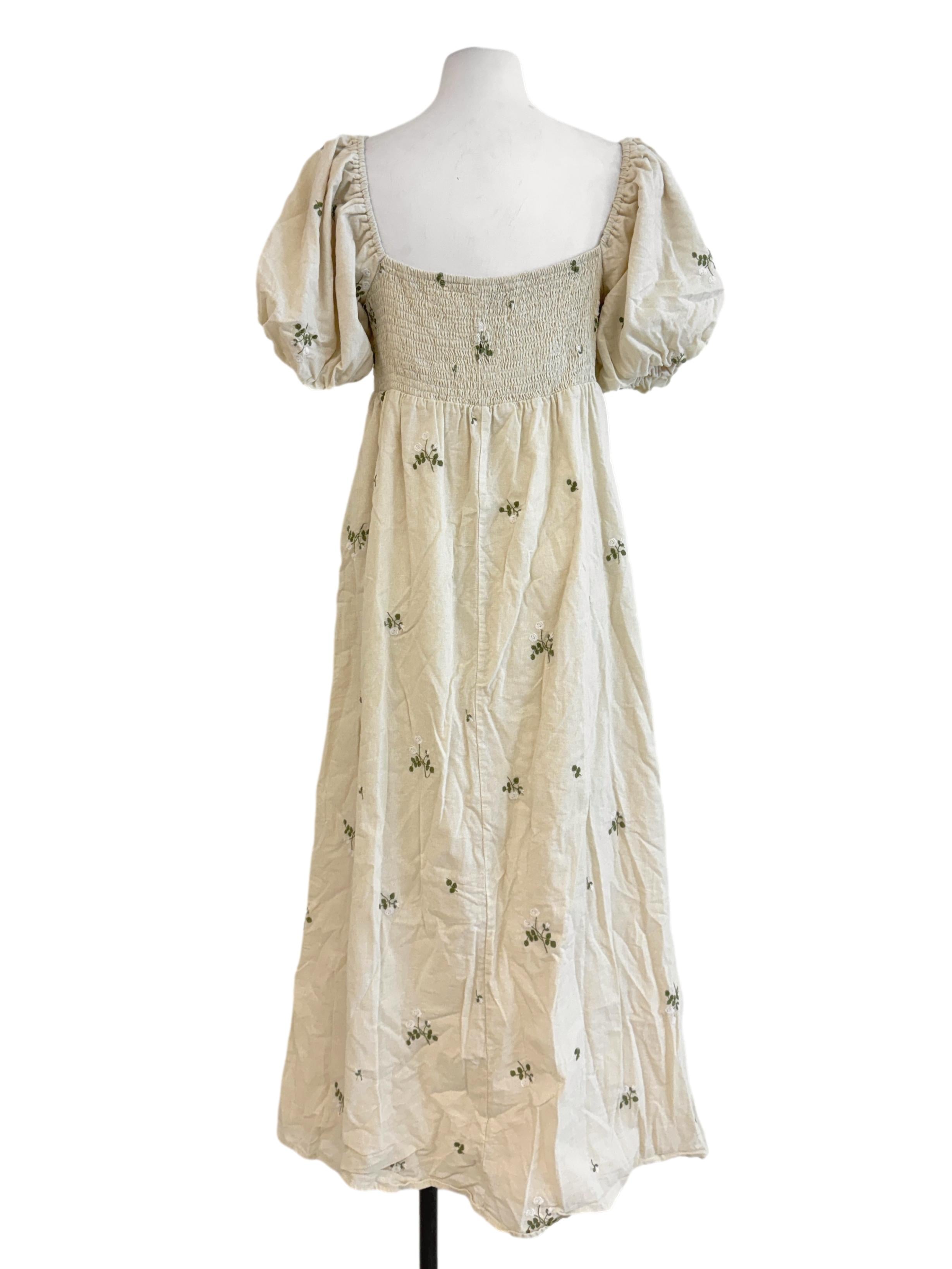 Cream Floral Embroidery Peasant Dress