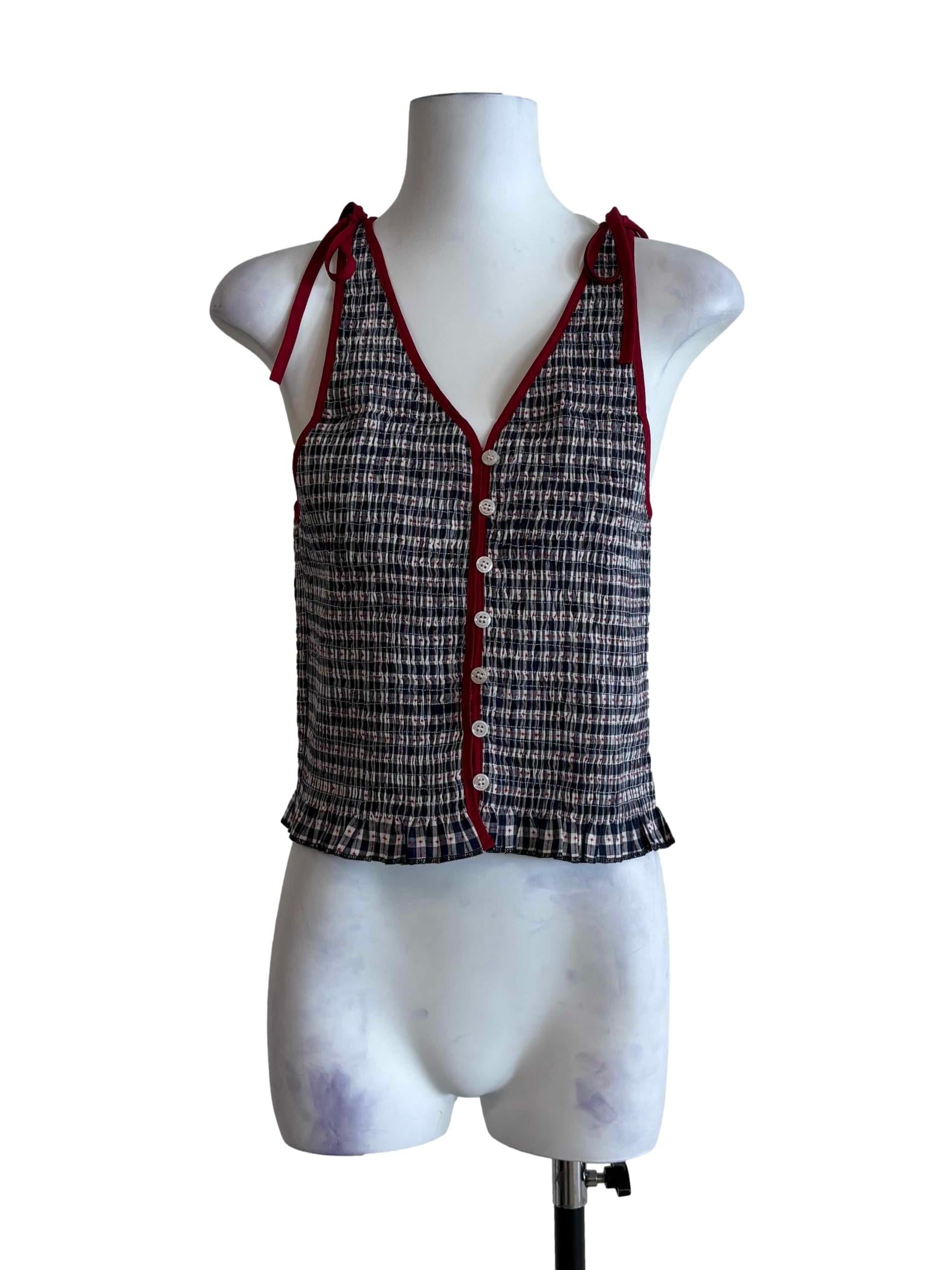 Peacock Blue And Red Checkered  Top