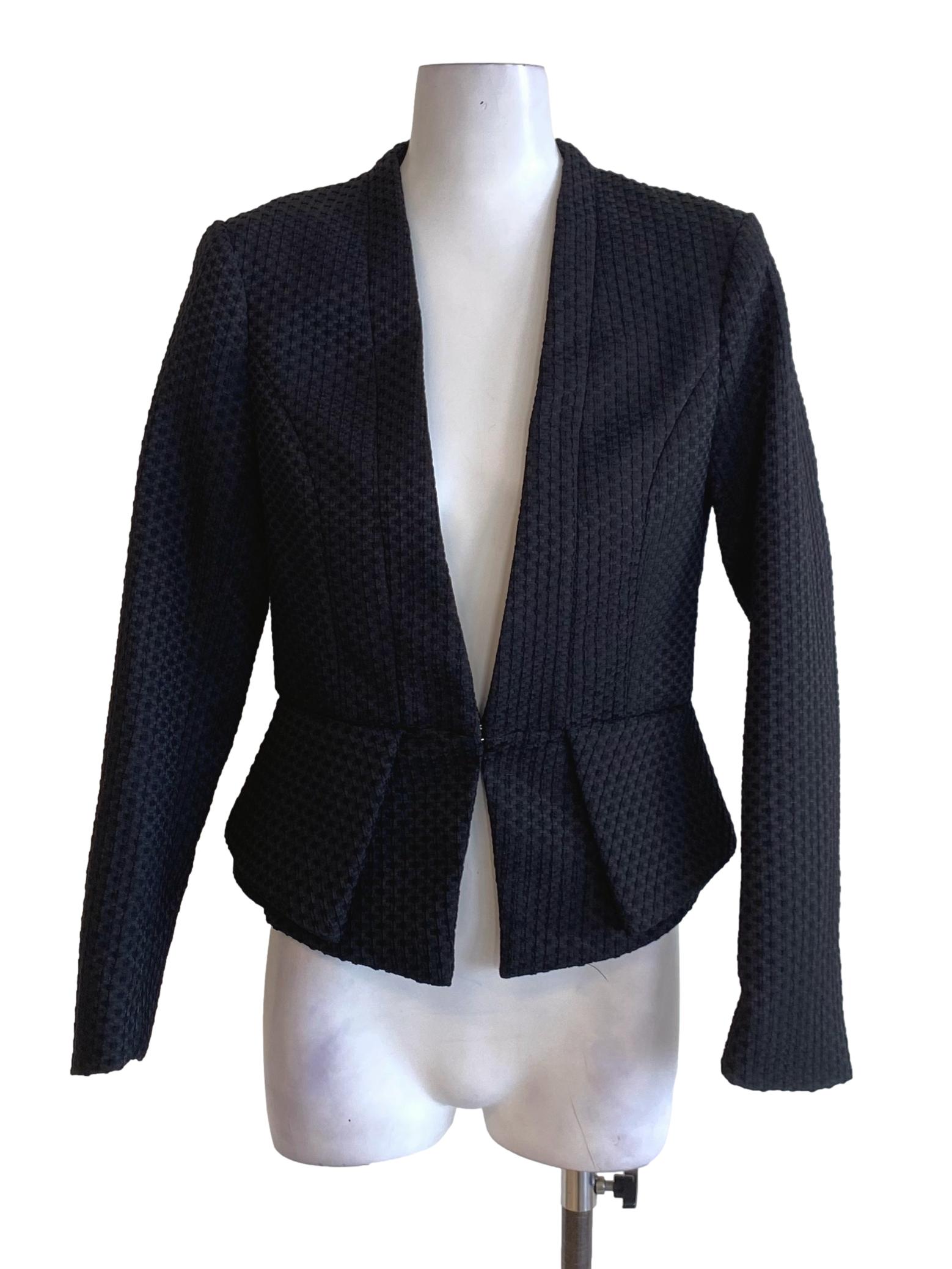 Coal Black Textured Buttoned Long Sleeve Peplum Blazer