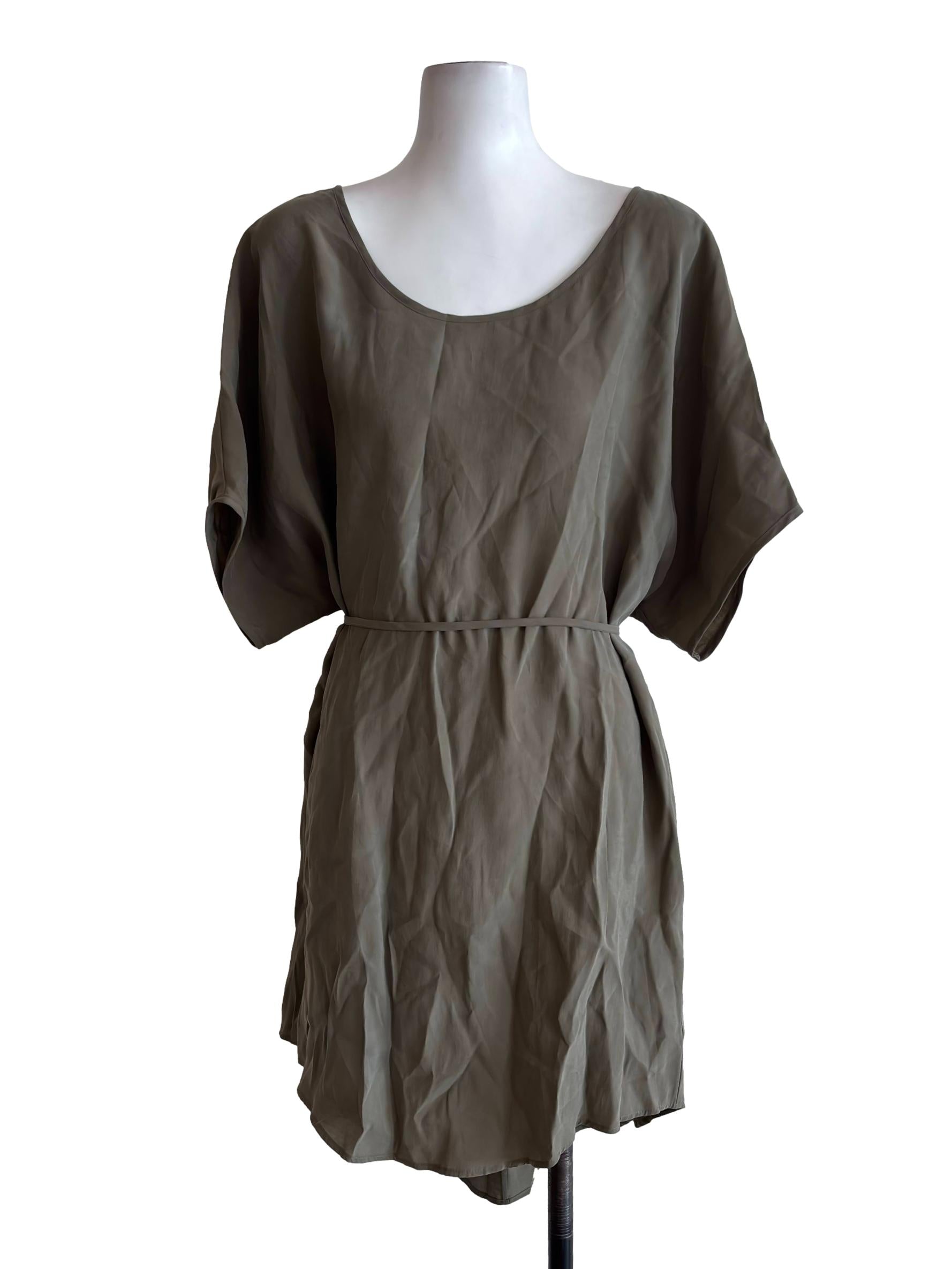 Olive Short Sleeve Tunic Dress With Tie Waist - Green CSN