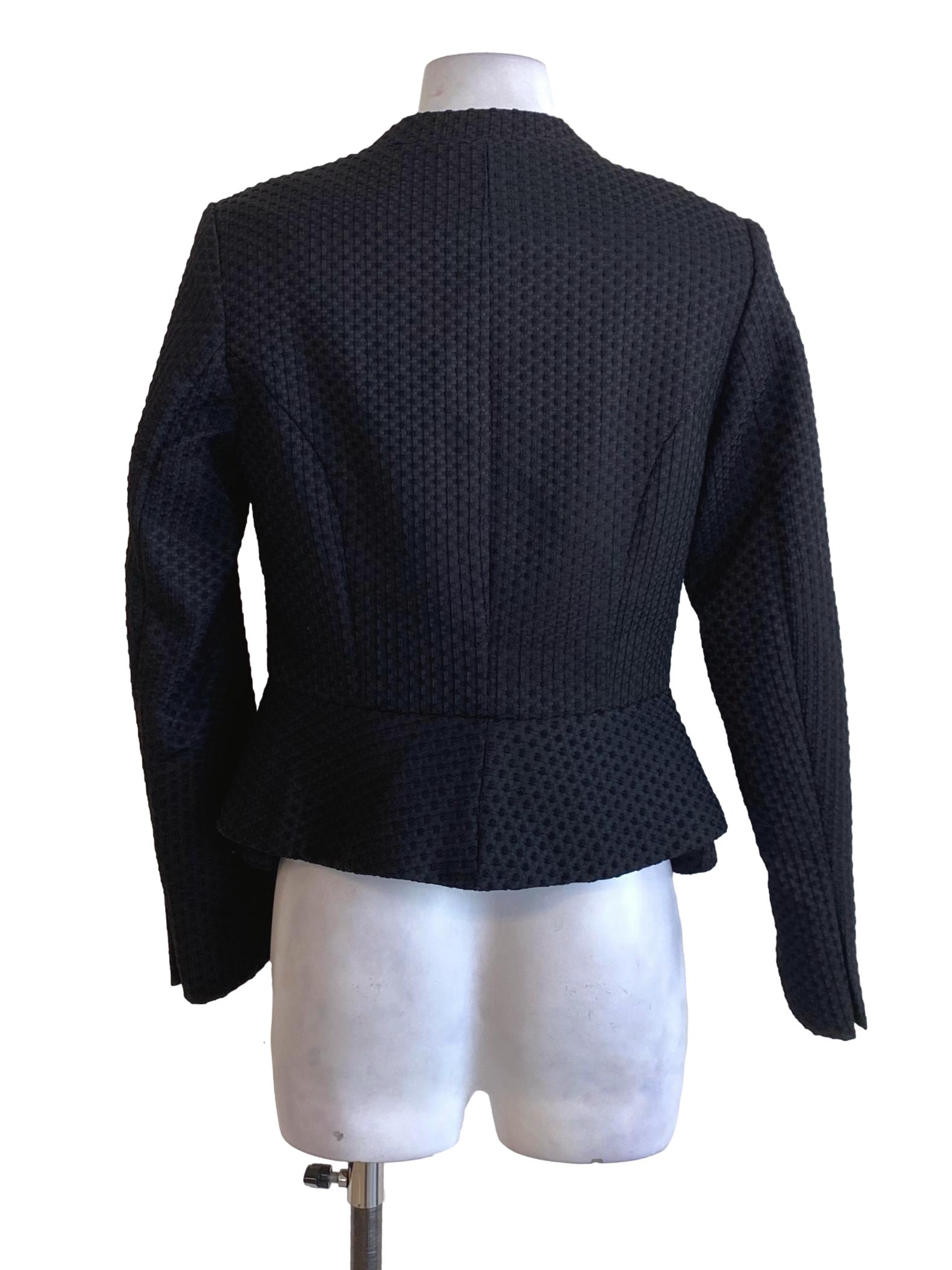 Coal Black Textured Buttoned Long Sleeve Peplum Blazer